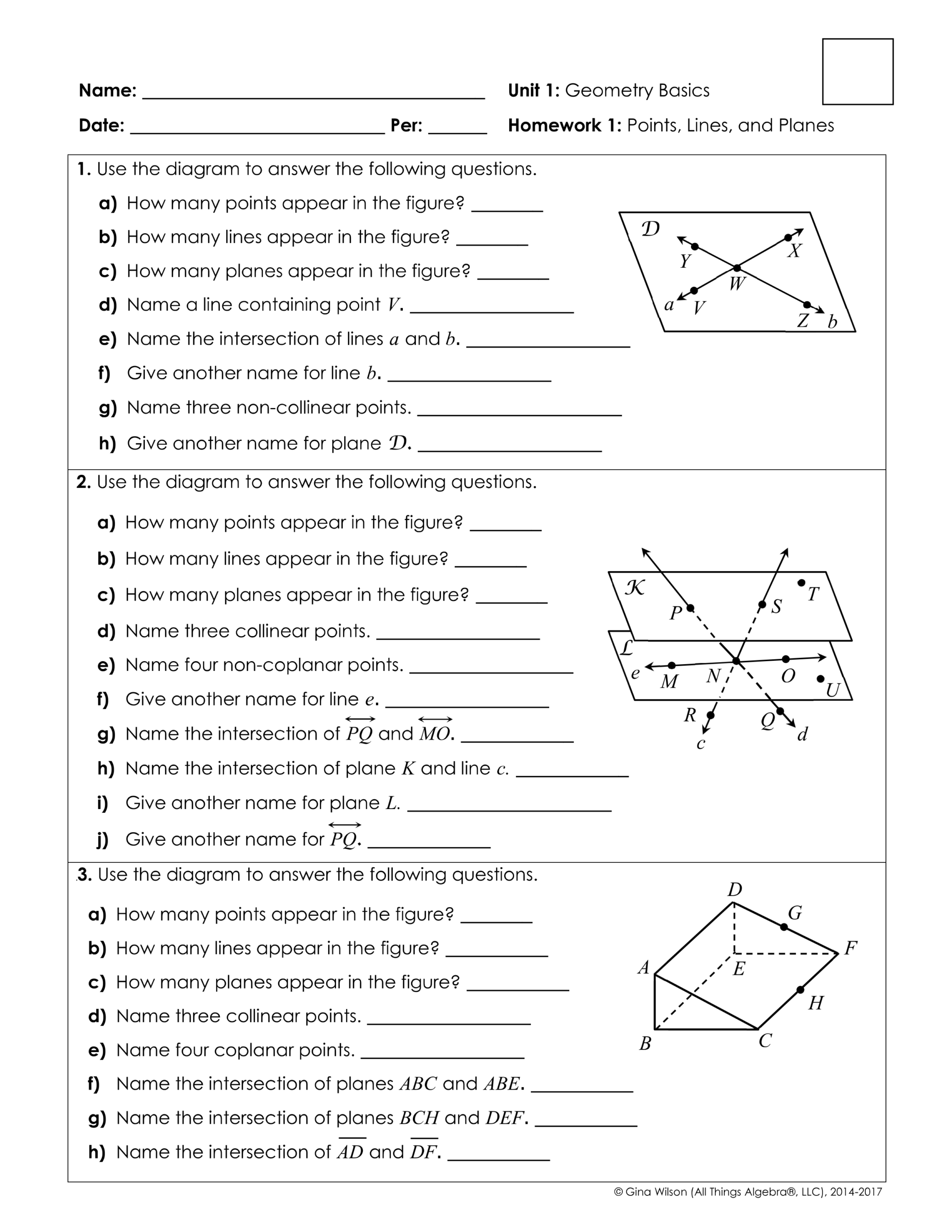 points lines and planes worksheet