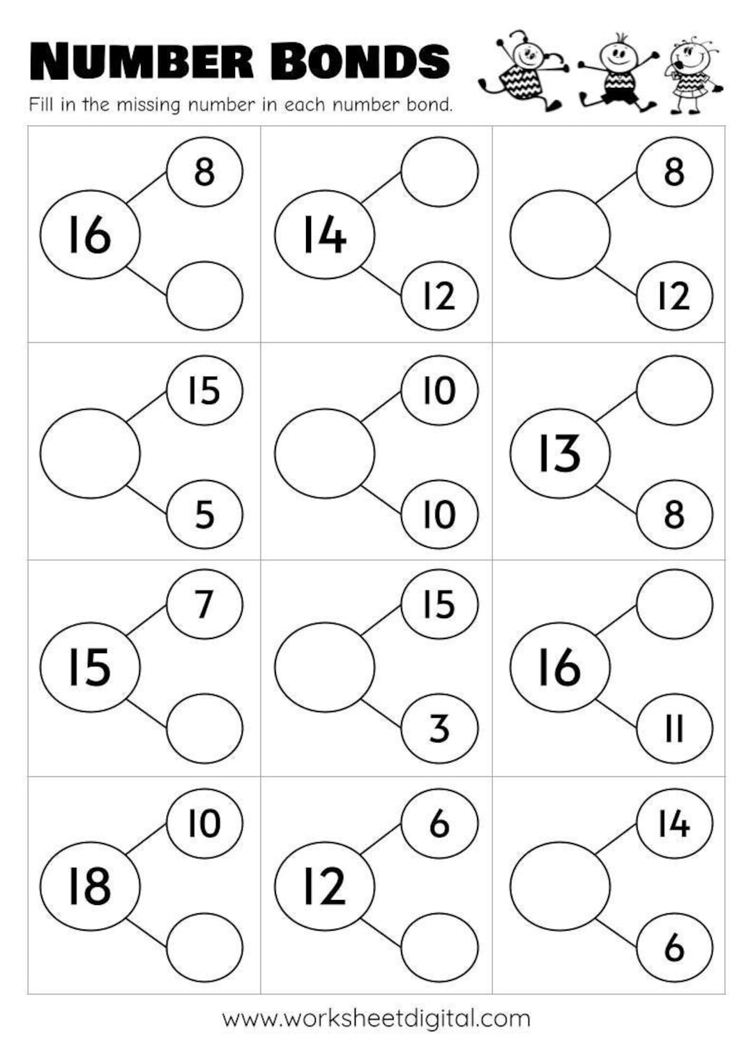 10 Printable Number Bonds Math Worksheets Numbers 1 To 20 Kindergarten First Grade Homeschool Etsy UK
