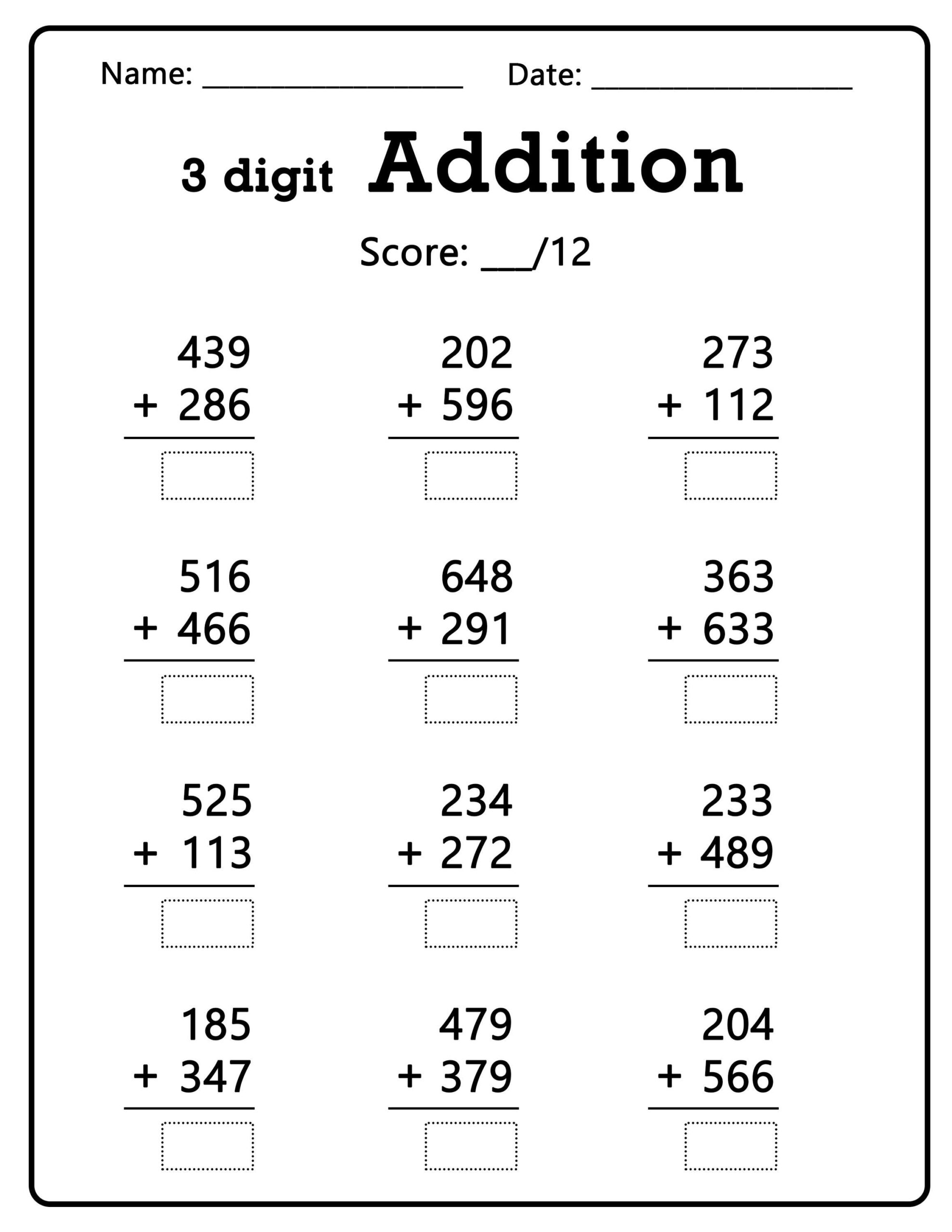 100 Three Digit Addition Worksheets Printable Math Worksheets 100 999 Numbers Educational Resources Activities Etsy