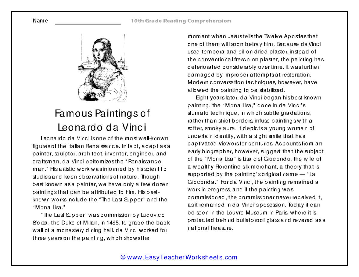 10th grade reading comprehension worksheets