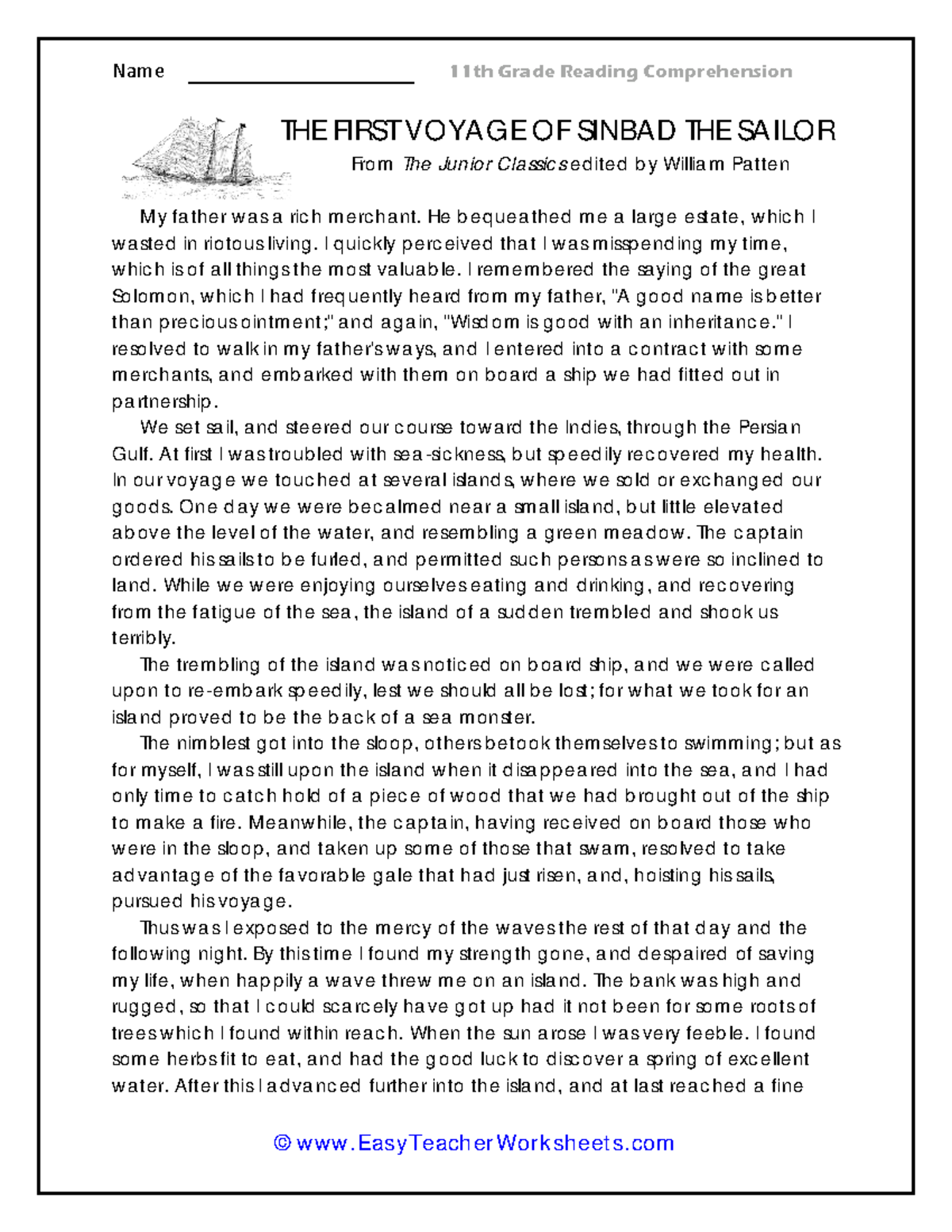 11th Grade Reading Comp The First Voyage Of Sindbad The Sailor Studocu