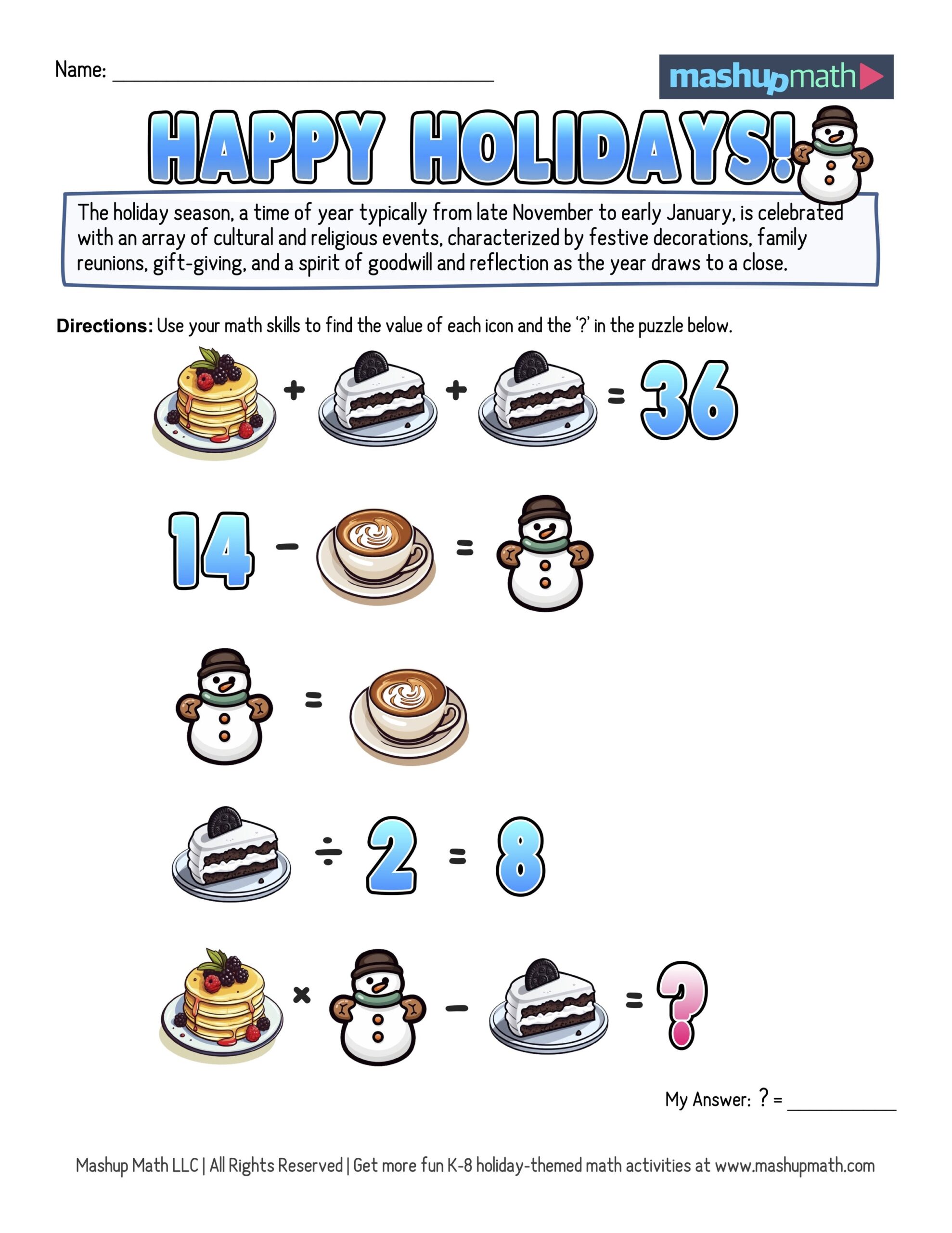 12 Days Of Holiday Math Puzzles Printable K 8 Worksheets Mashup Math
