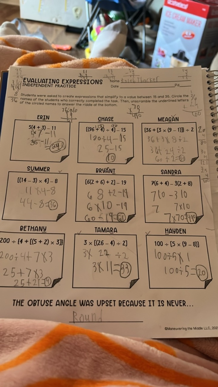 14 EVALUATING EXPRESSIONS INDEPENDENT PRACTICE Name tatch Thacker Date P 