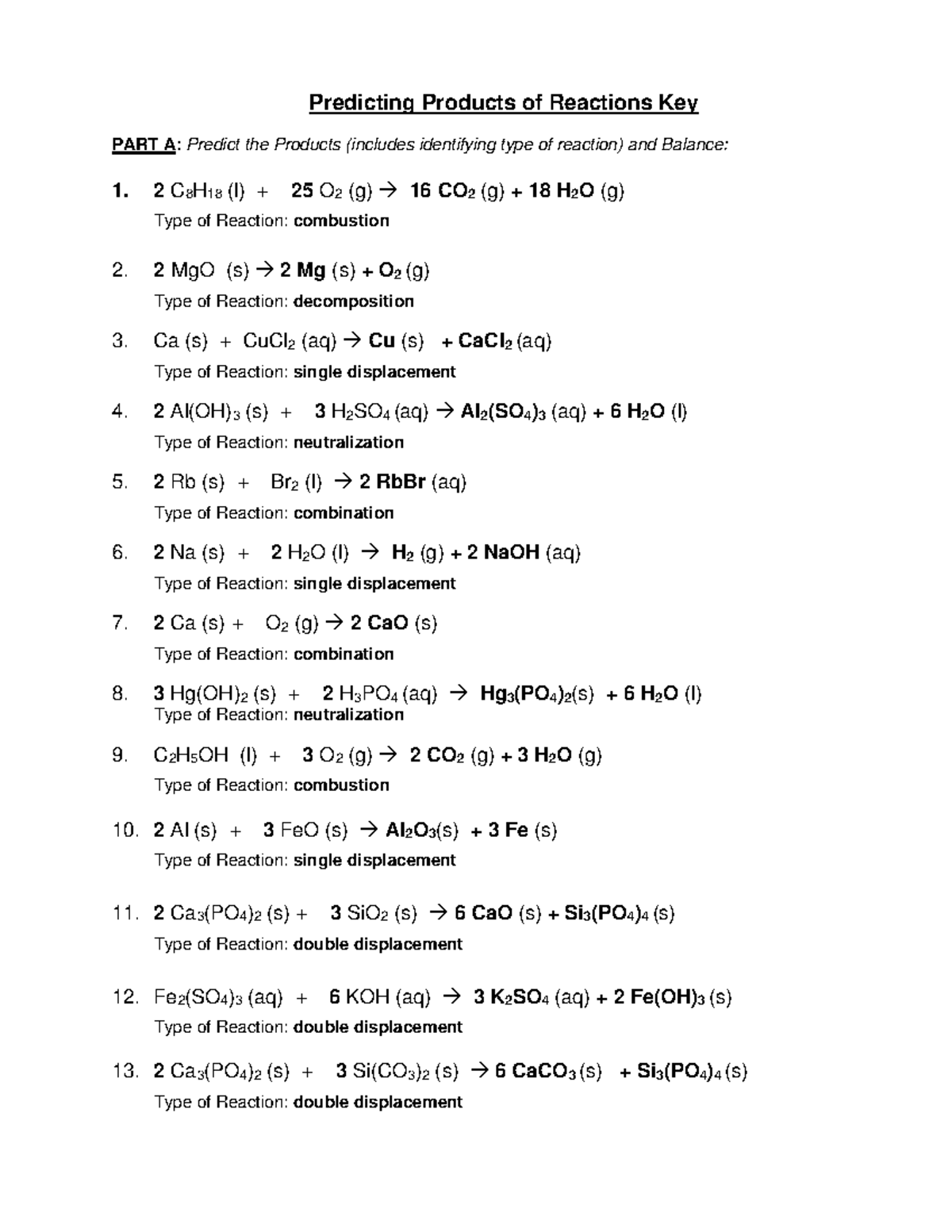 141 Predicting Products Of Reactions Key Predicting Products Of Reactions Key PART A Predict The Studocu