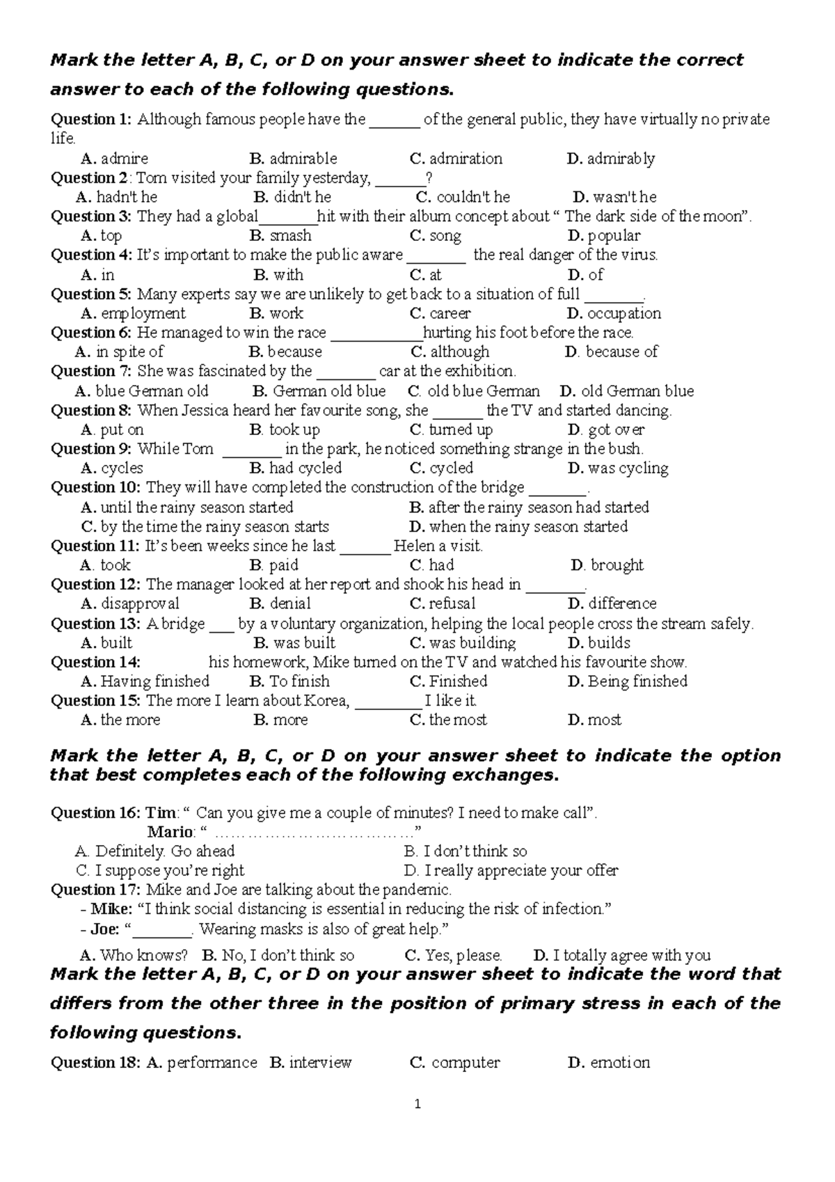 15 CHU N C U TR C MINH H A Mark The Letter A B C Or D On Your Answer Sheet To Indicate The Studocu