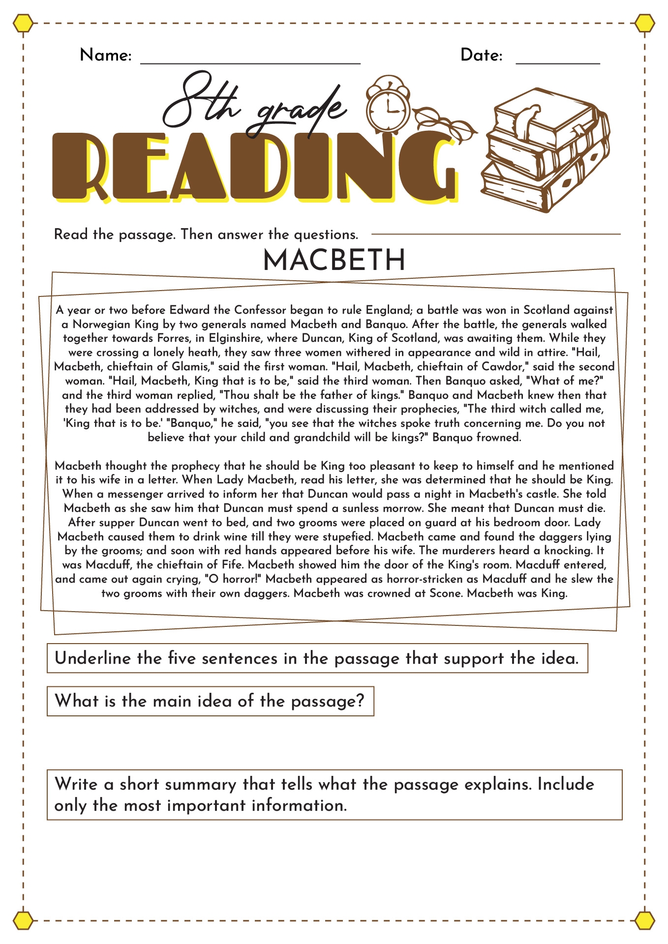 8th grade reading worksheets
