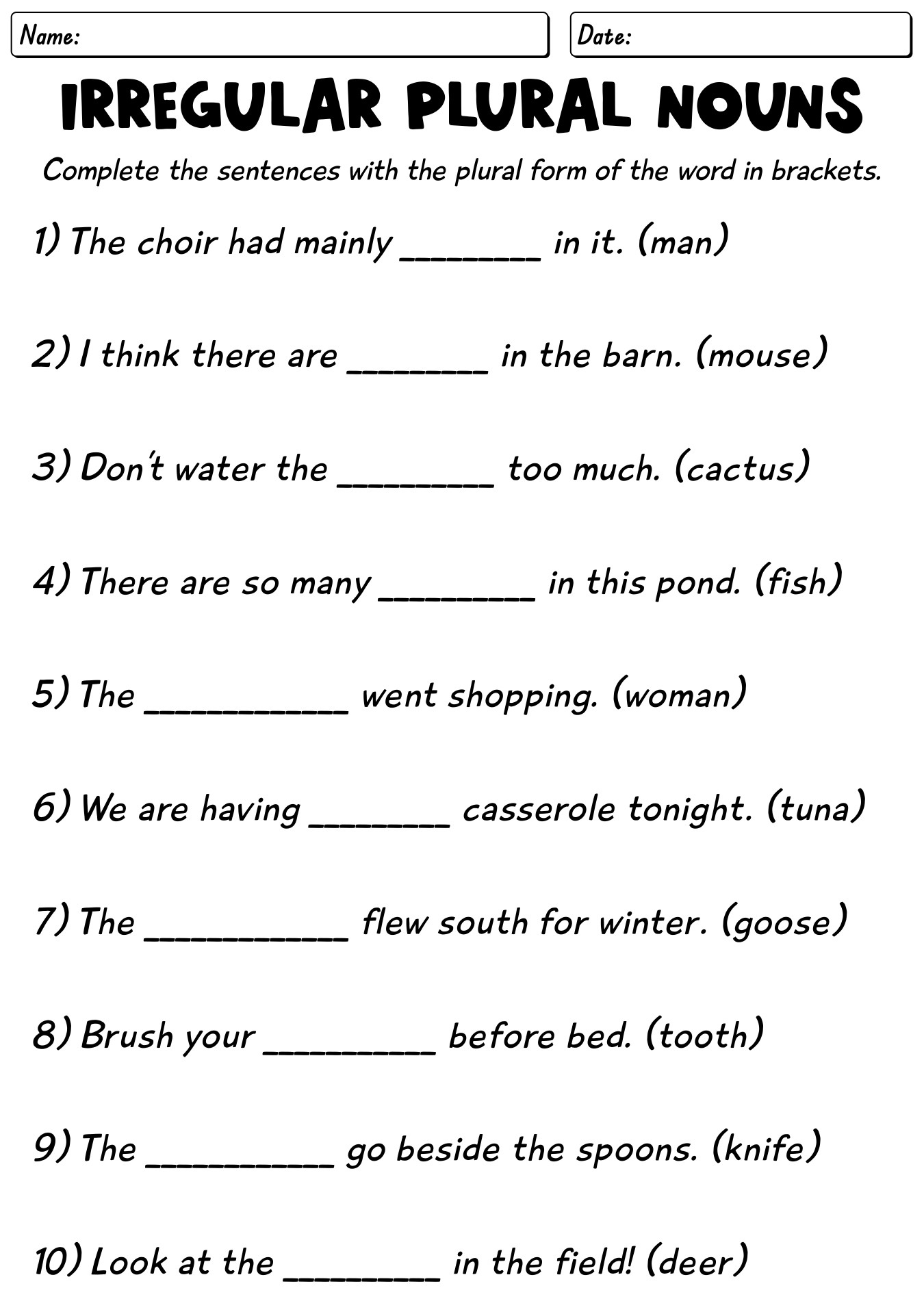 irregular plural nouns worksheet