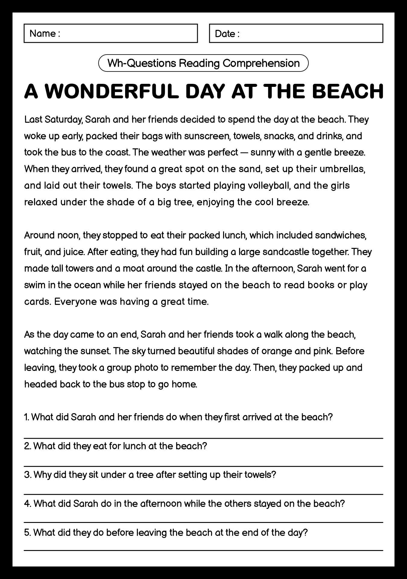 reading comprehension worksheets with questions