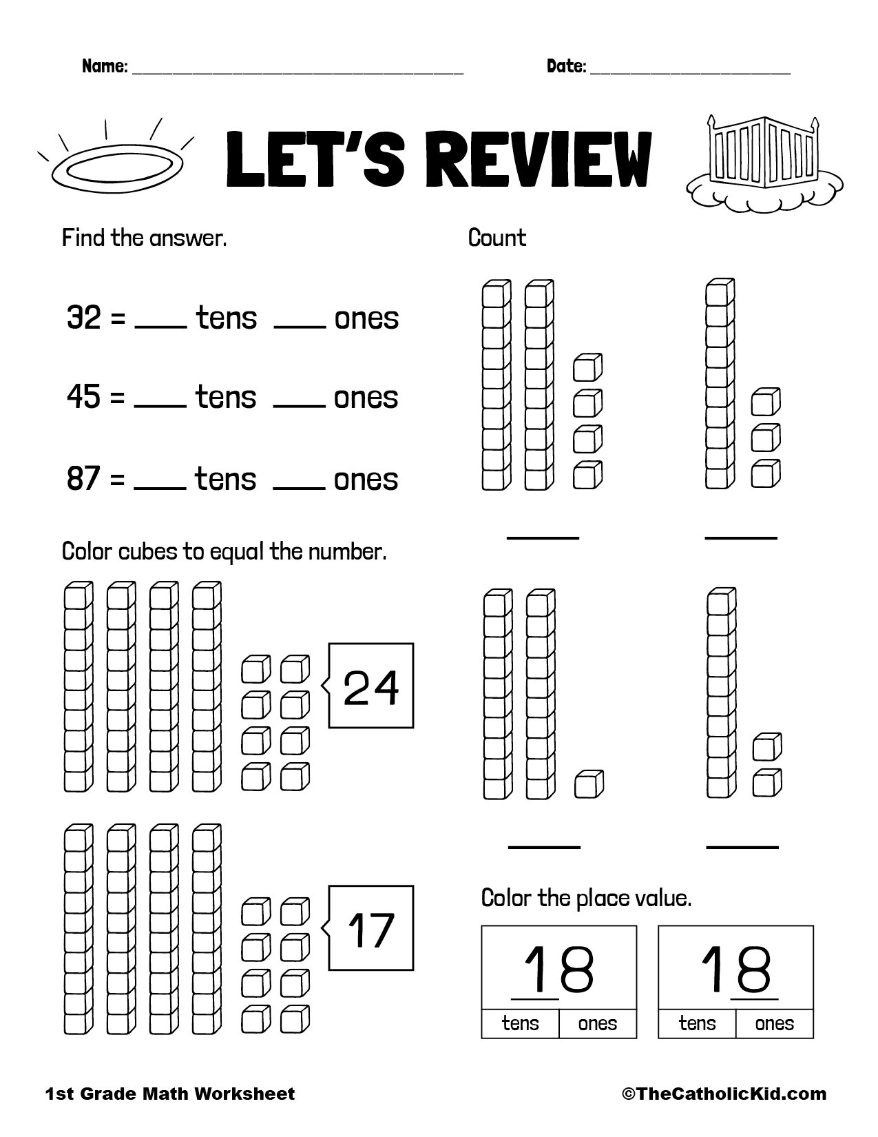 1st Grade Math Review Worksheet TheCatholicKid