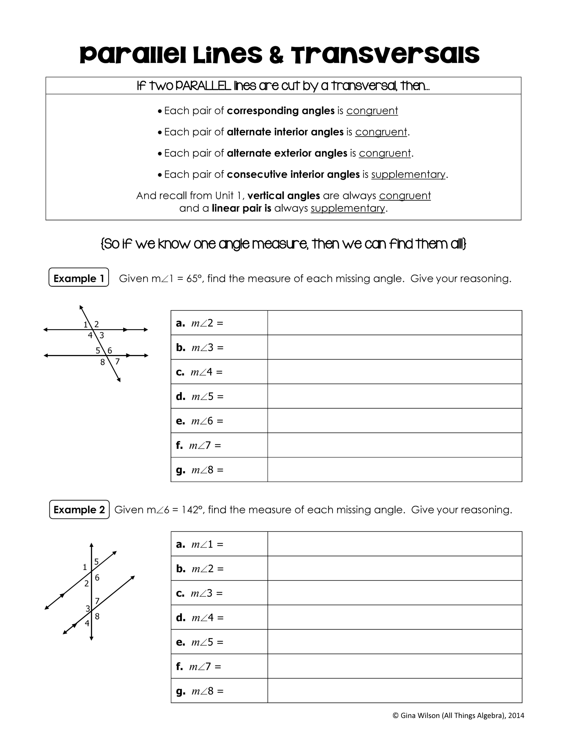 2 1 Angle Pairs With Parallel Lines Cut By A Transversal Missing Angles Kristin Baker Library Formative