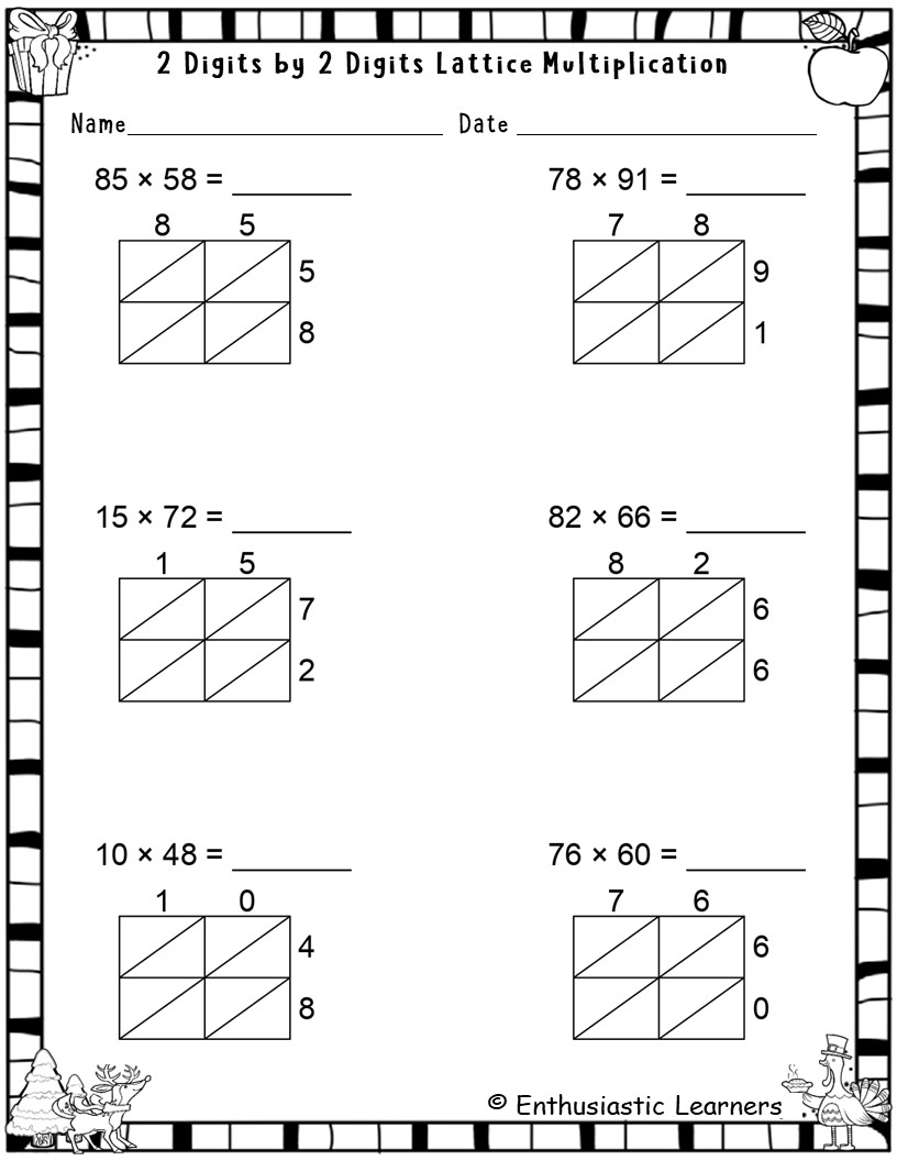 2 Digit By 2 Digit Multiplication With Lattice Method Worksheets Math Problems Teaching Resources