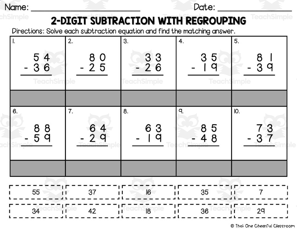 2 Digit Subtraction With Regrouping Matching Worksheet By Teach Simple
