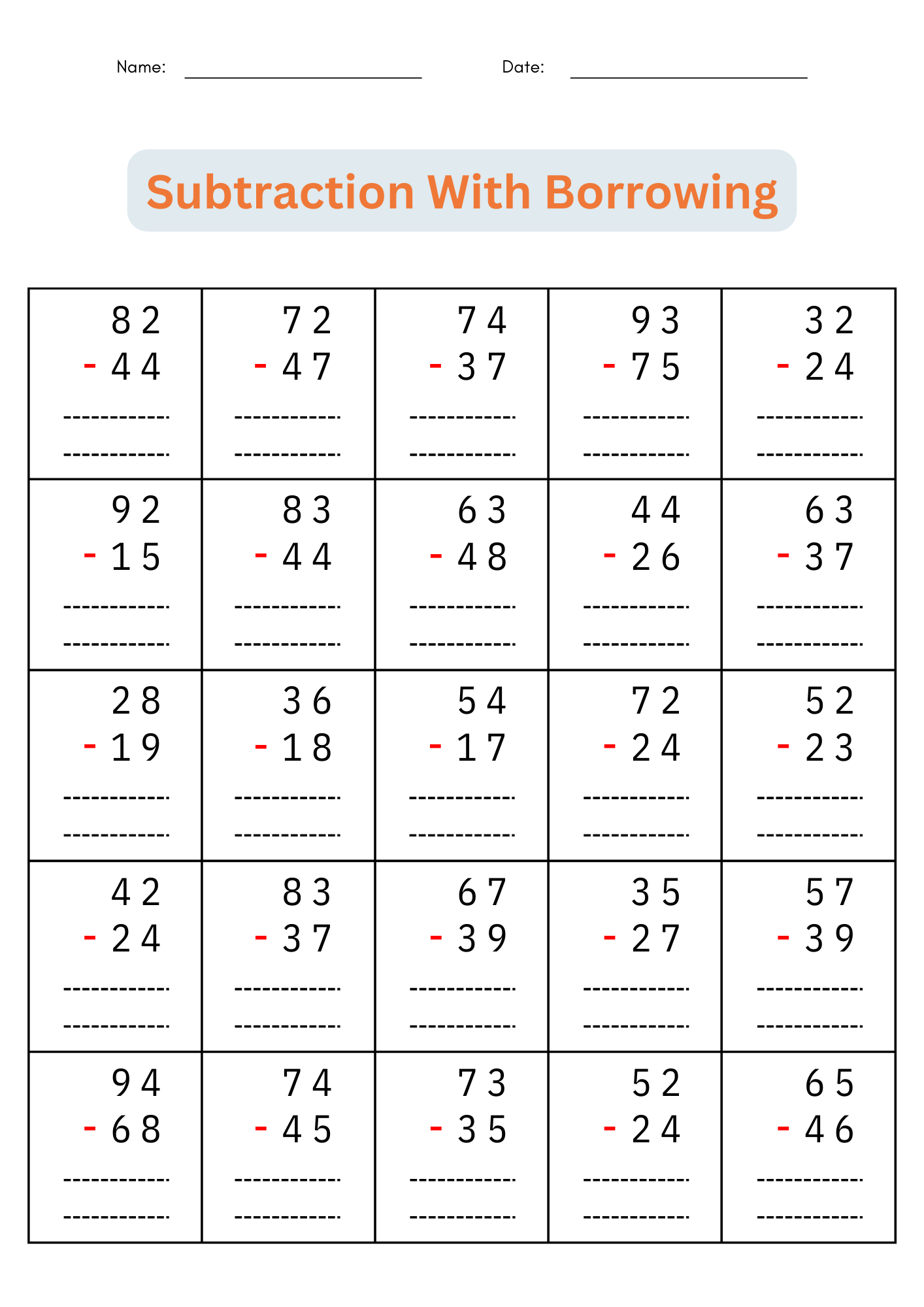 math subtraction worksheet