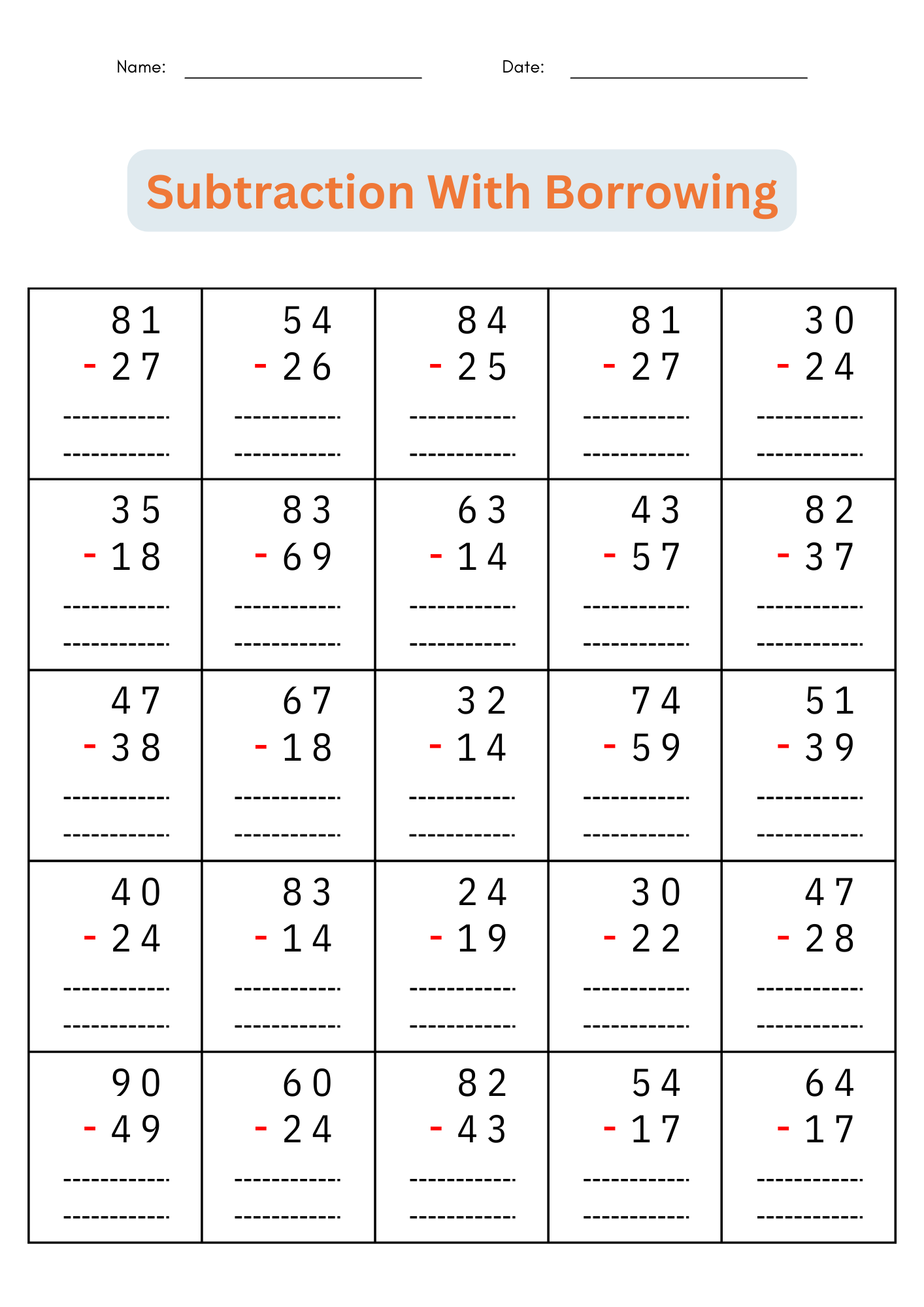 math subtraction worksheets