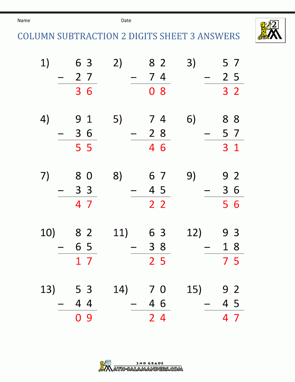 2 Digit Subtraction Worksheets