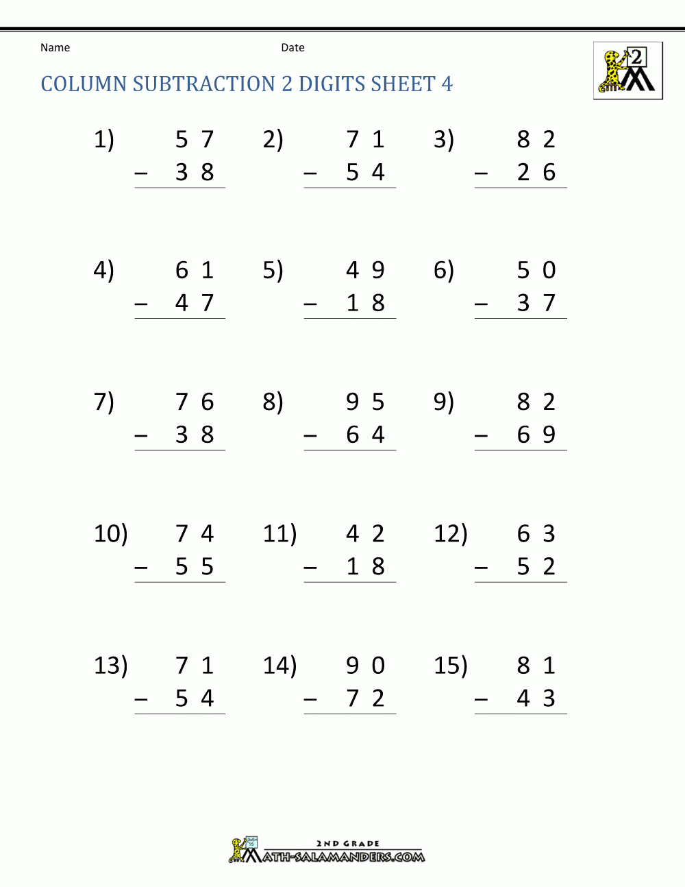 2 Digit Subtraction Worksheets