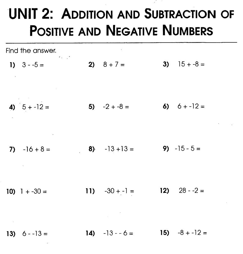 adding and subtracting positive and negative numbers worksheet
