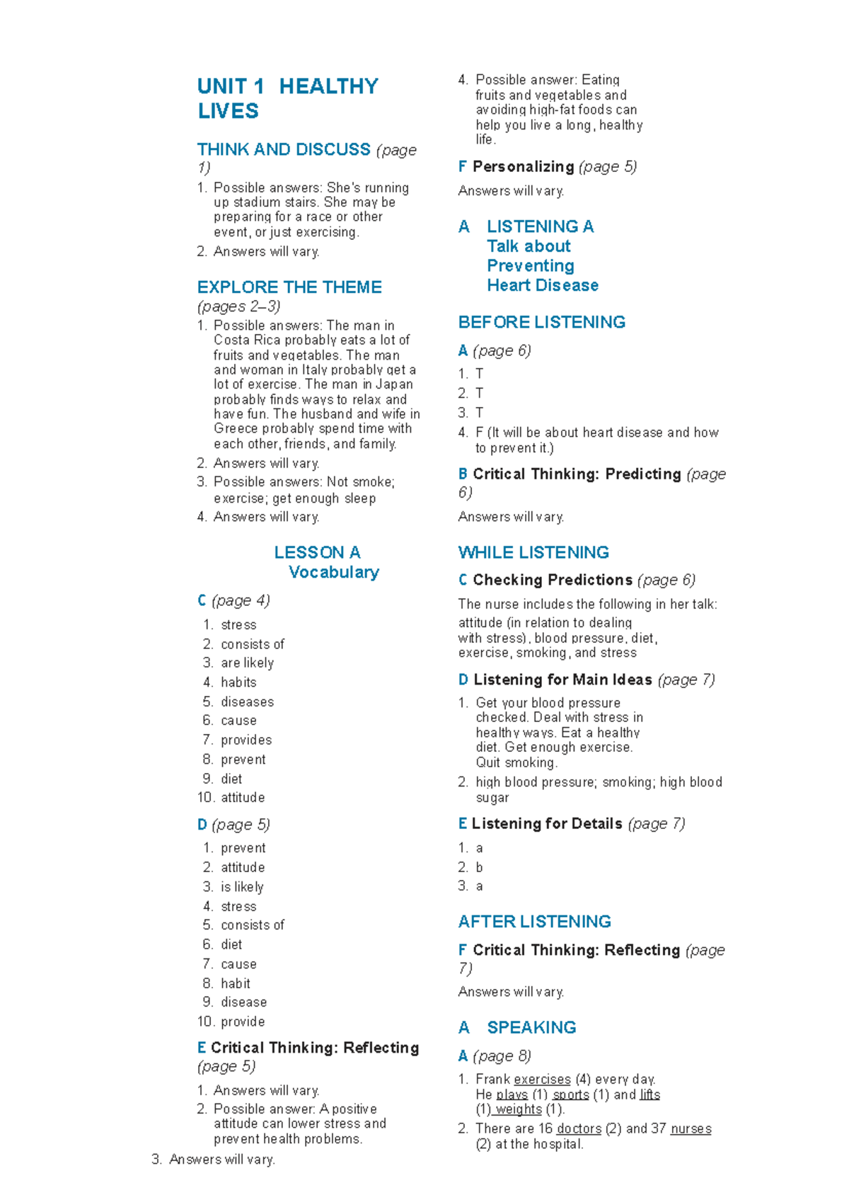 2nd Pathways Ls 2 Answer Key UNIT 1 HEALTHY LIVES THINK AND DISCUSS page 1 1 Possible Answers Studocu