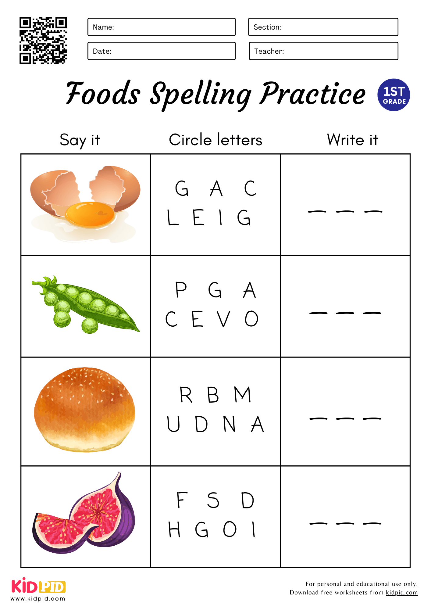 3 Letters Foods Spelling Practice Worksheet For Grade 1 Kidpid