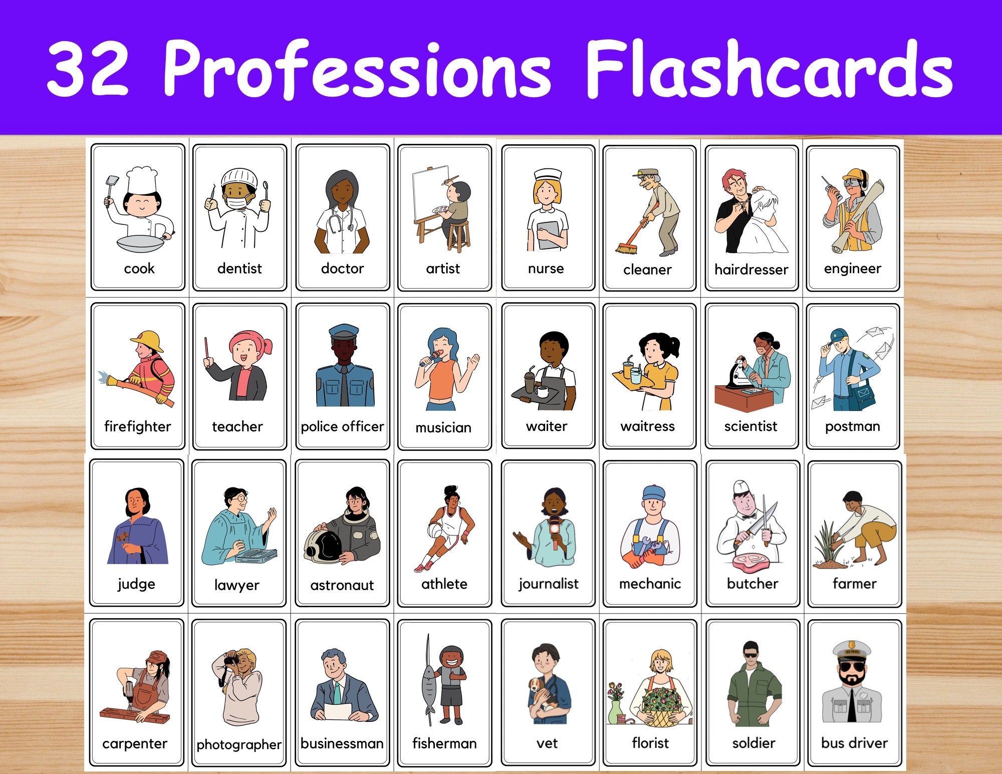 32 Professions Flashcards Occupations Job Image Cards For Kids Preschoolers Nomenclature Cards Printable Activity Montessori Etsy UK