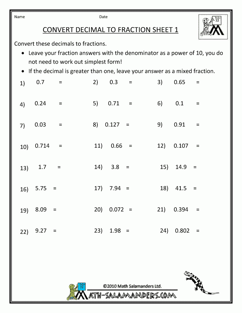 fraction to decimal worksheet