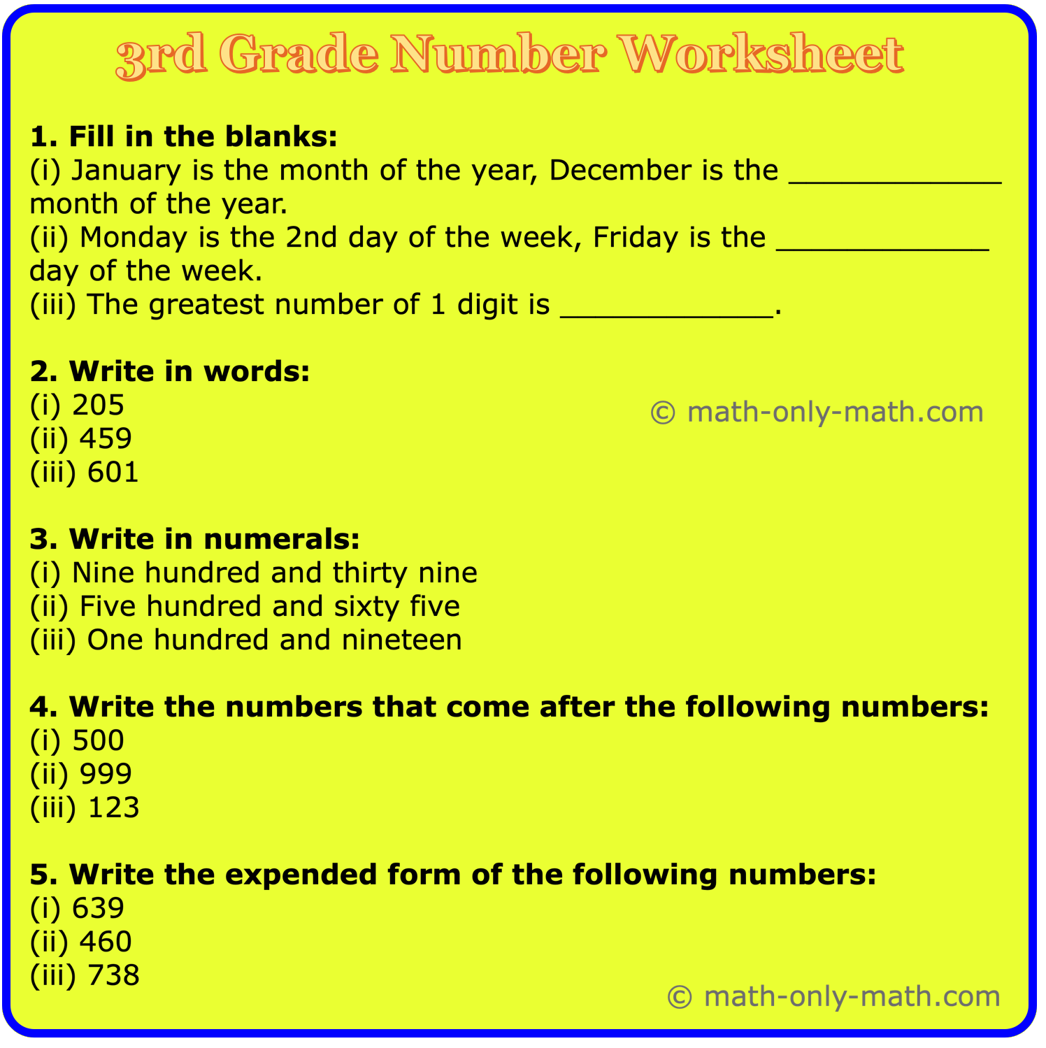 3rd Grade Number Worksheet Practice The Questions On Numbers With Ans