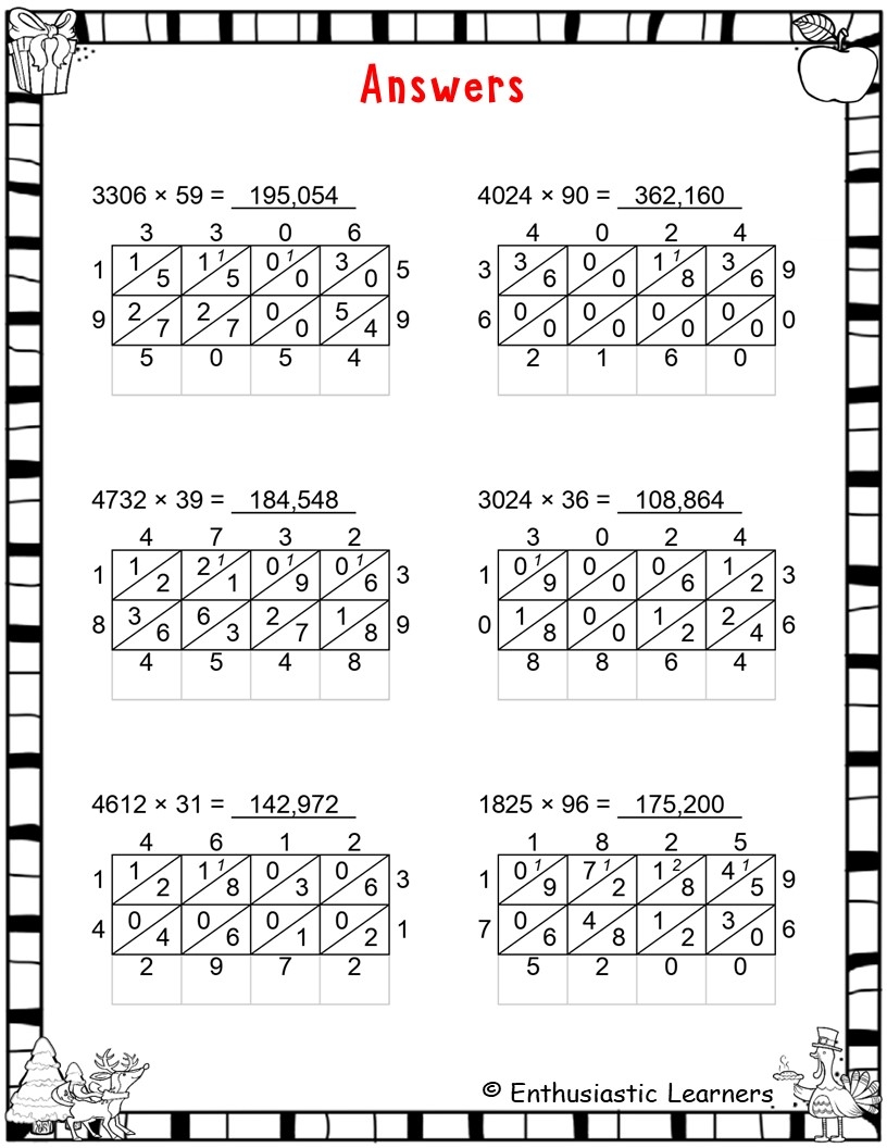 4 Digit By 2 Digit Lattice Multiplication Method Worksheets Math Problems Teaching Resources