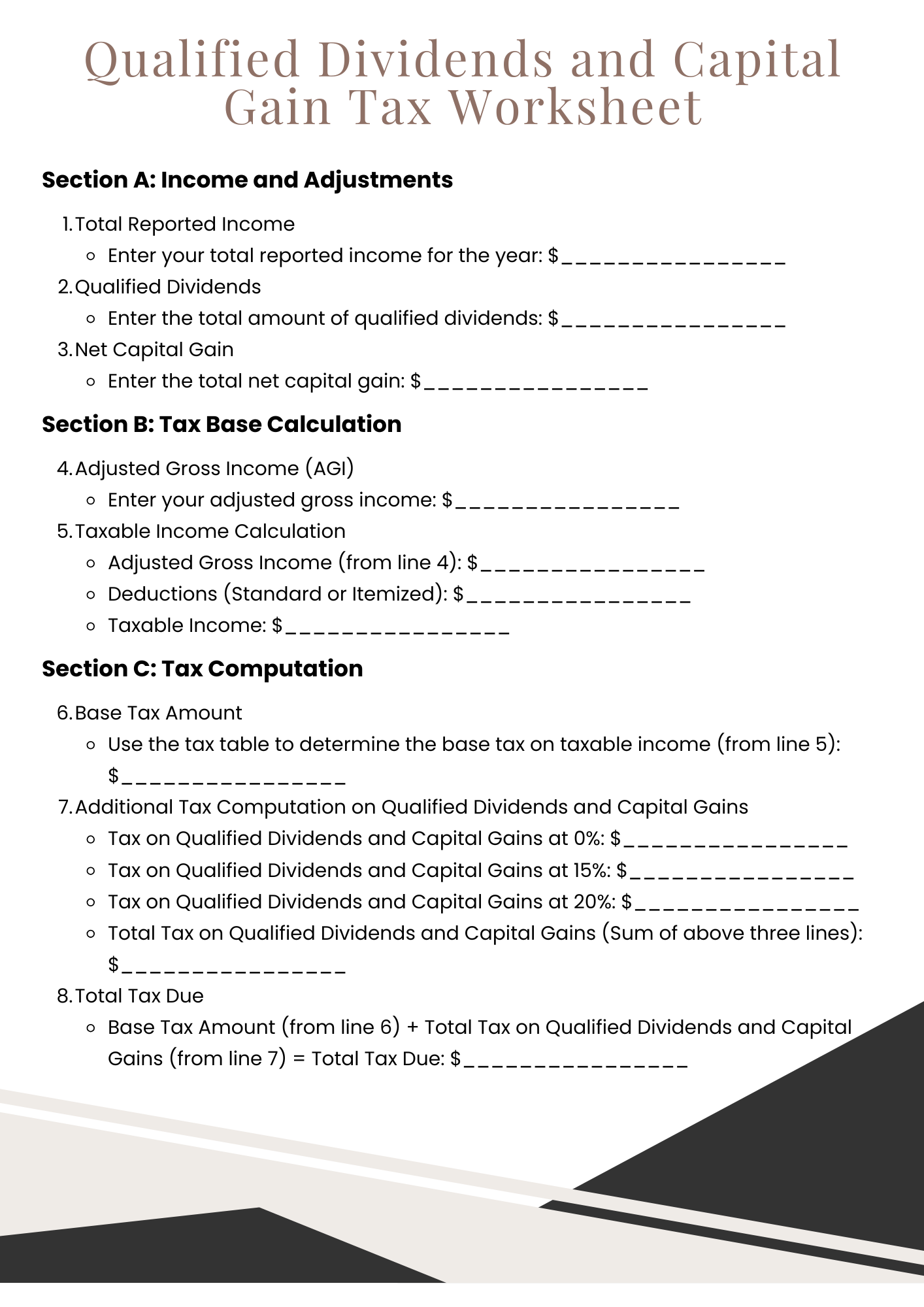 40 Free Printable Qualified Dividends And Capital Gain Tax Worksheet Samples To Download In PDF