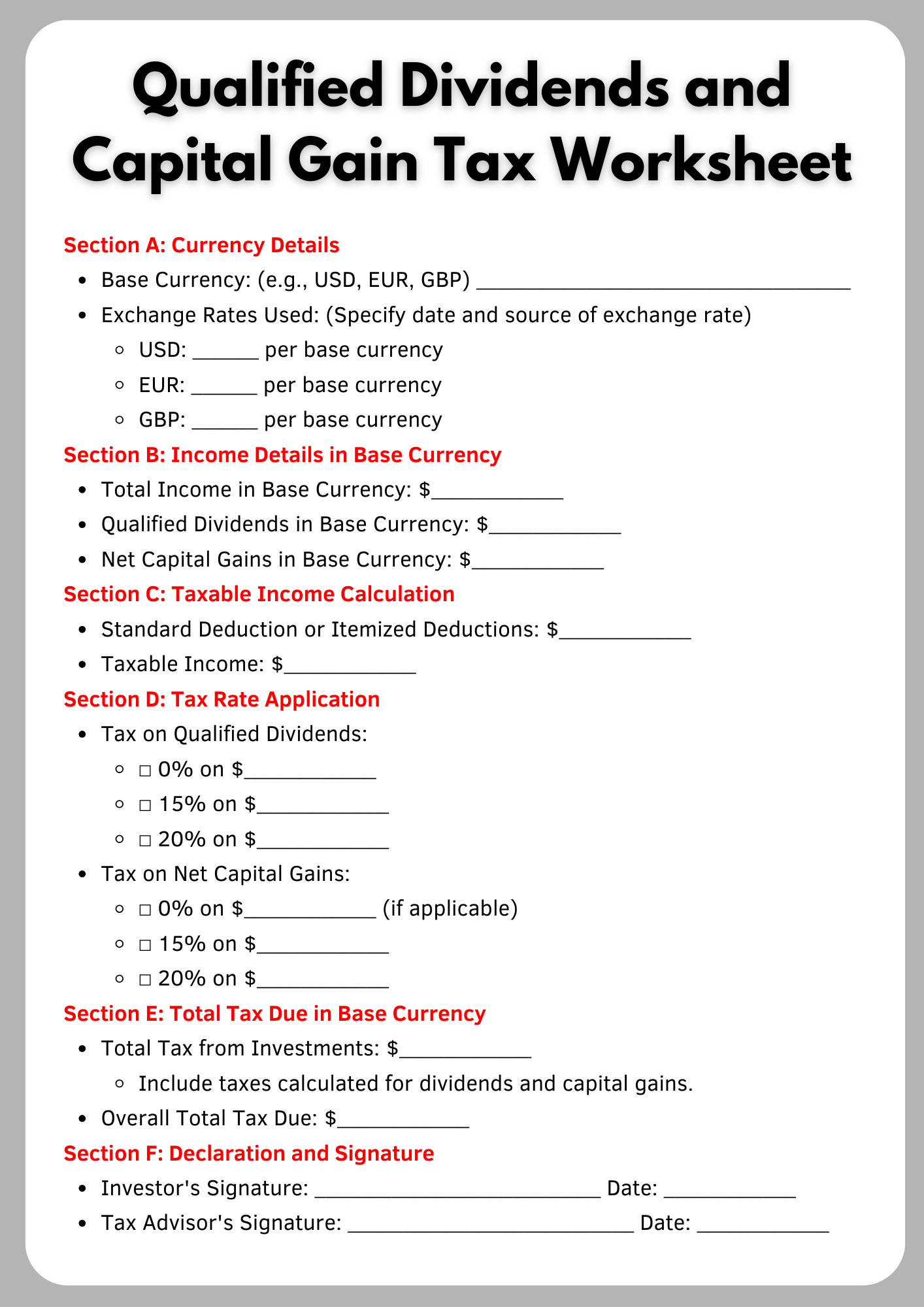 40 Free Printable Qualified Dividends And Capital Gain Tax Worksheet Samples To Download In PDF