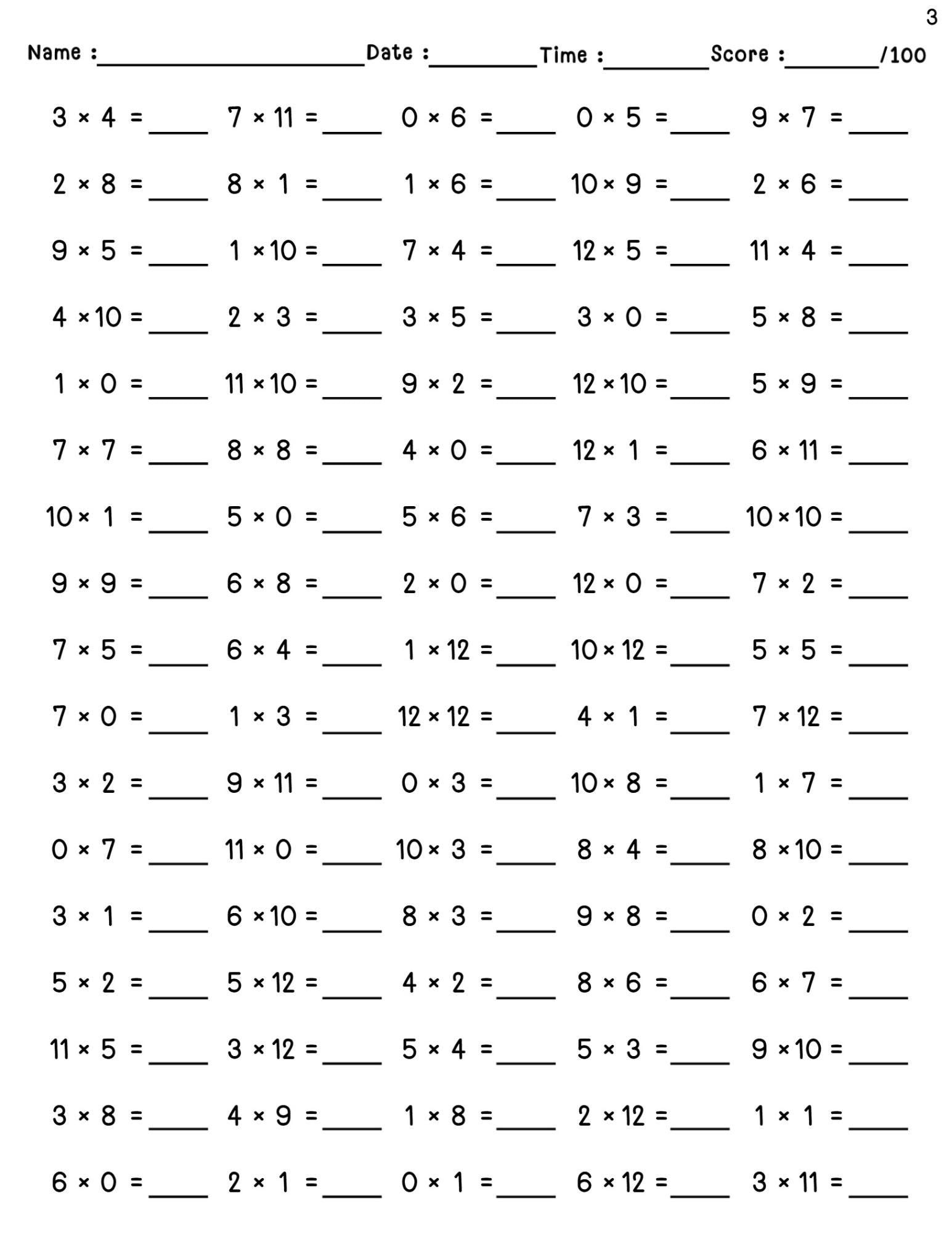 40 Printable Multiplication Worksheets Single Digit 1 12 100 Fill in the blank Questions Answers Etsy