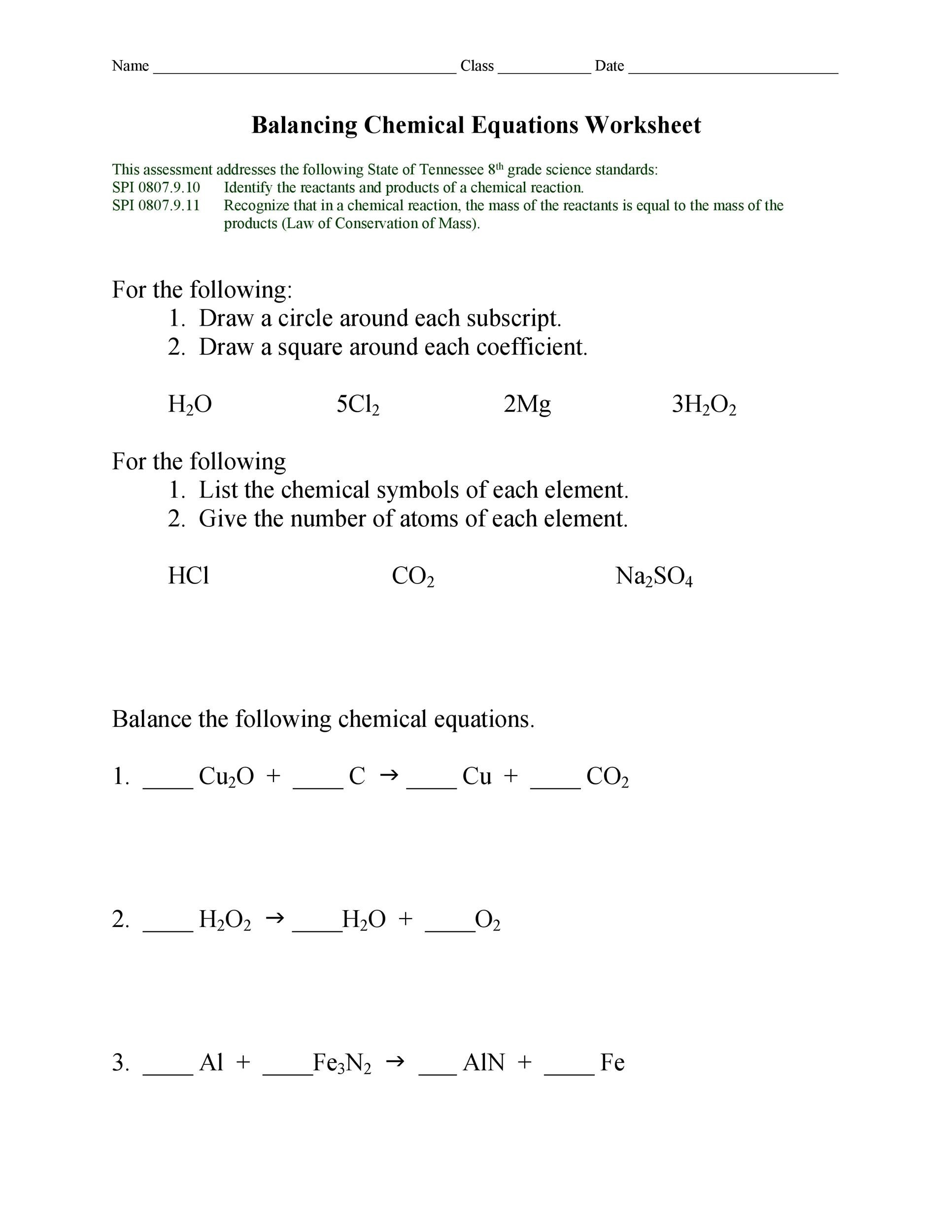 49 Balancing Chemical Equations Worksheets with Answers 