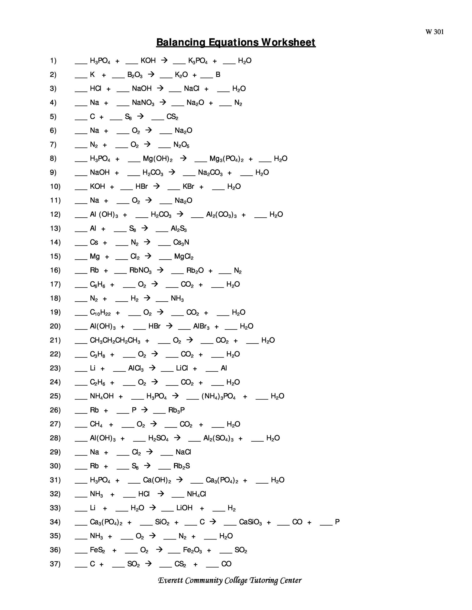 balancing chemical equations worksheet with answer key