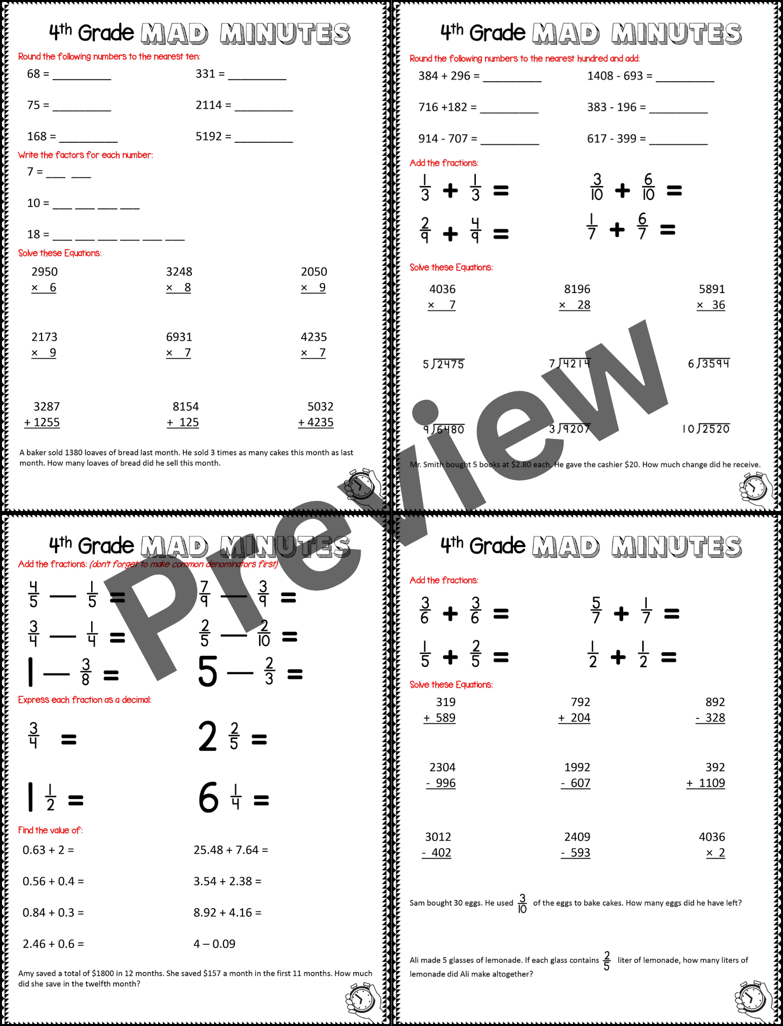 4th Grade Math Review Multiplication Division Word Problems Mad Minute Teaching Resources