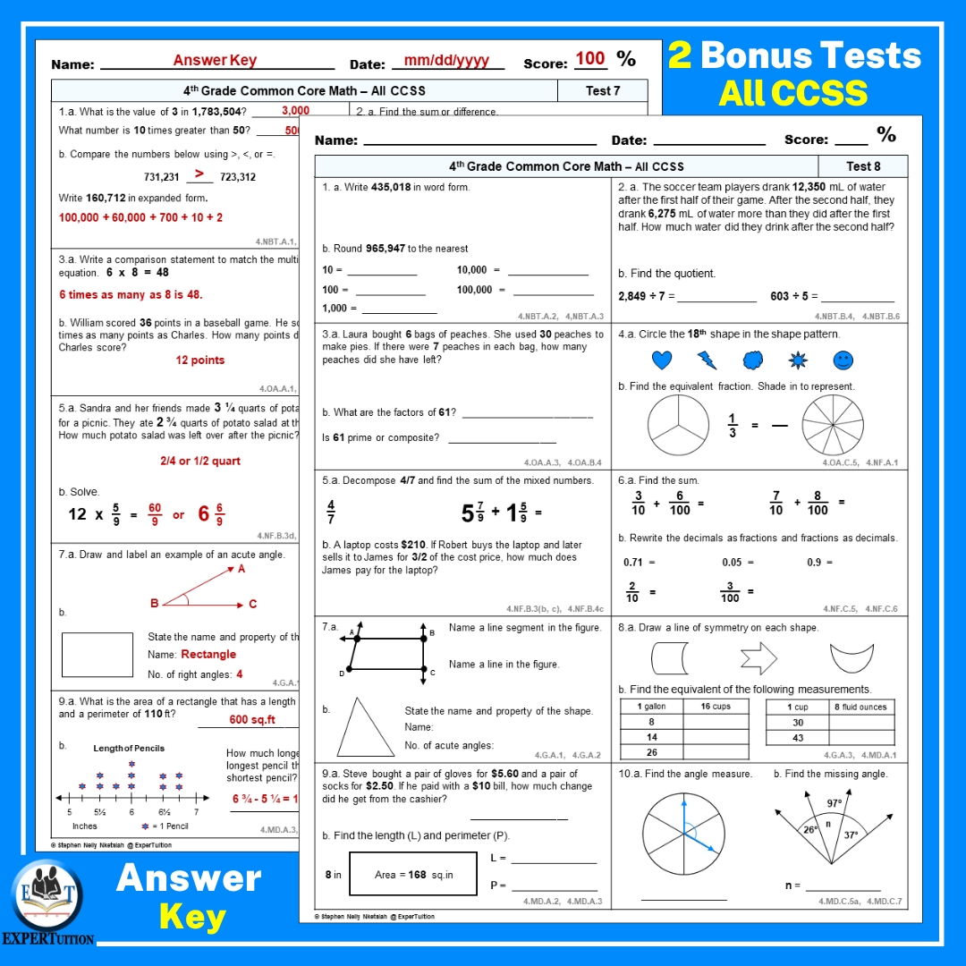 4 grade math worksheets