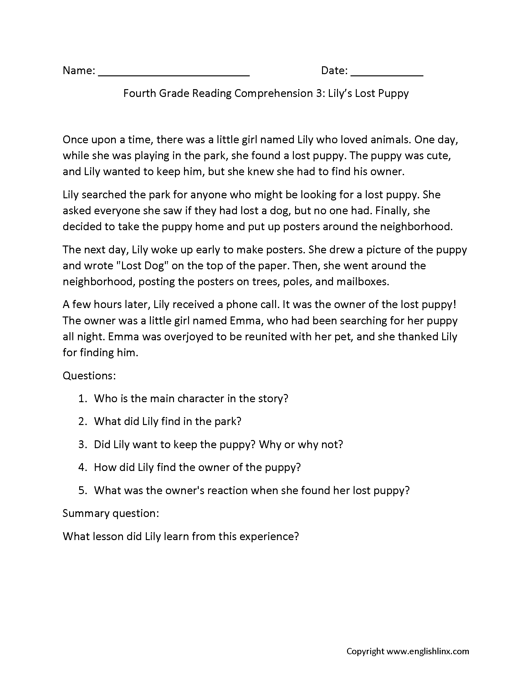 4th Grade Reading Comprehension Worksheets Free Printable Passages Questions