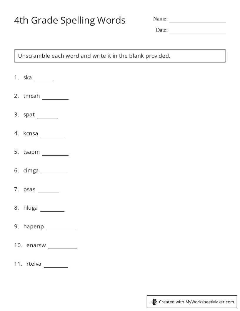 4th grade spelling worksheets