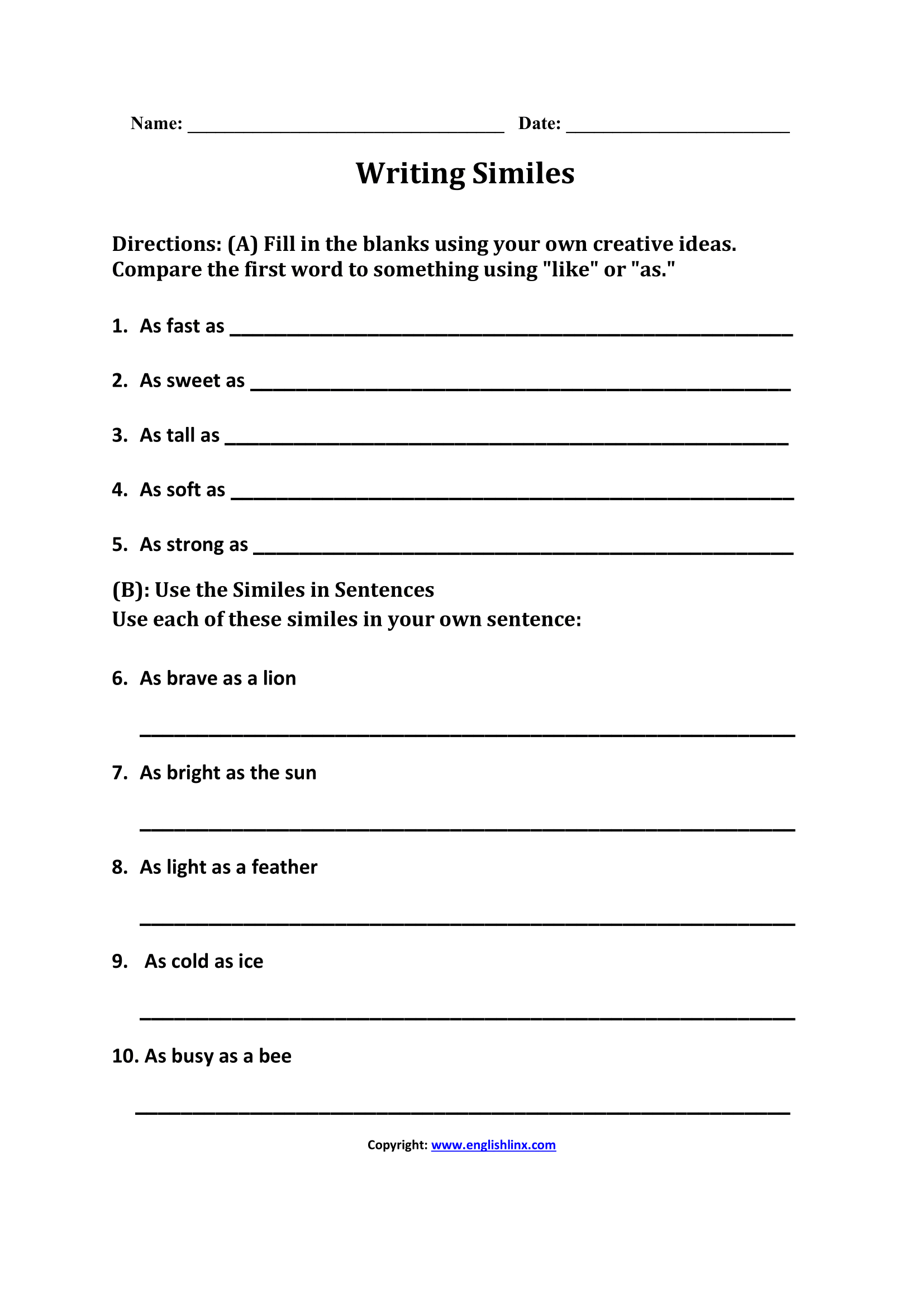 4th Grade Writing Worksheets Writing Similes Worksheet