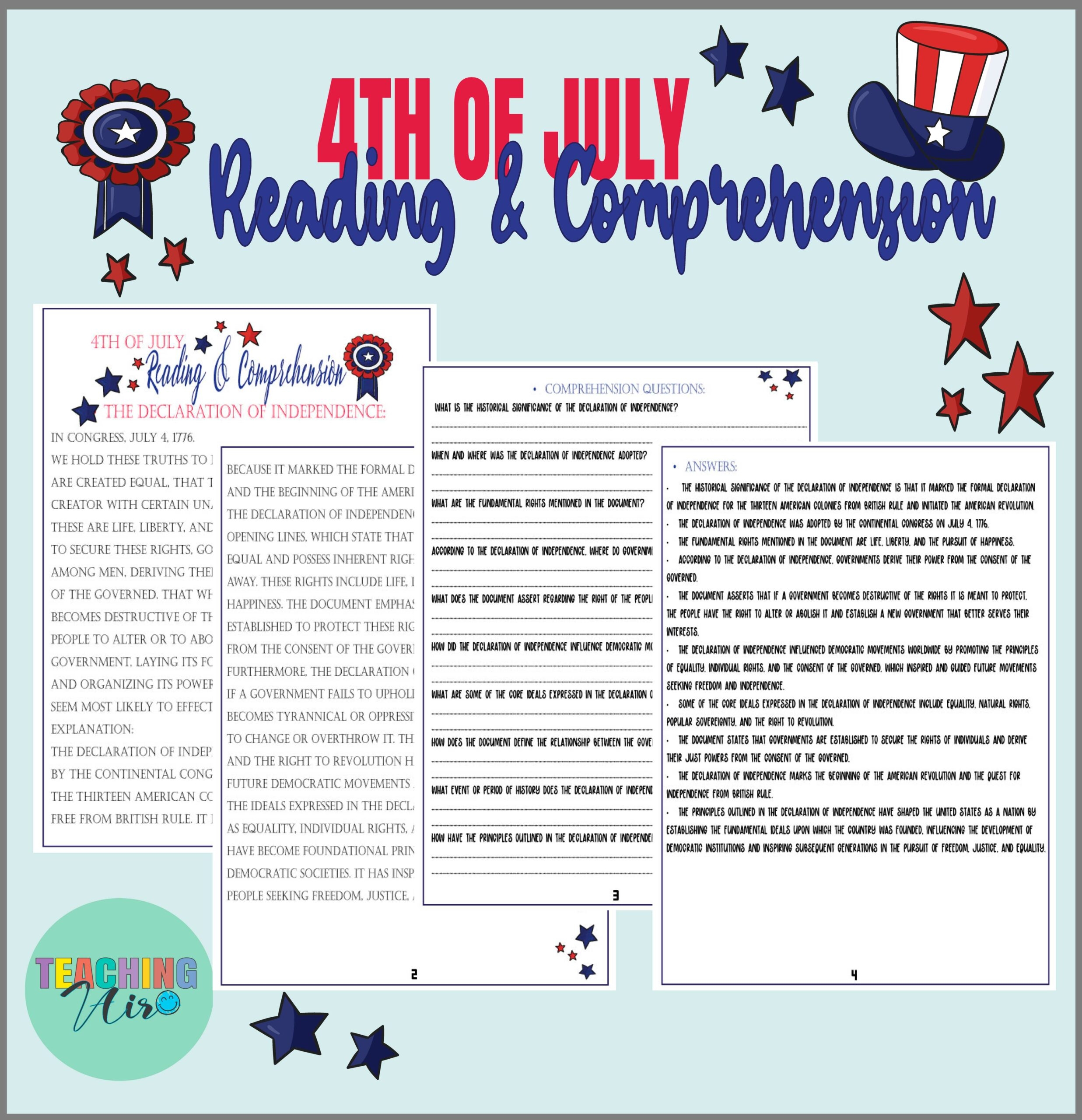 4th of july reading comprehension worksheet pdf