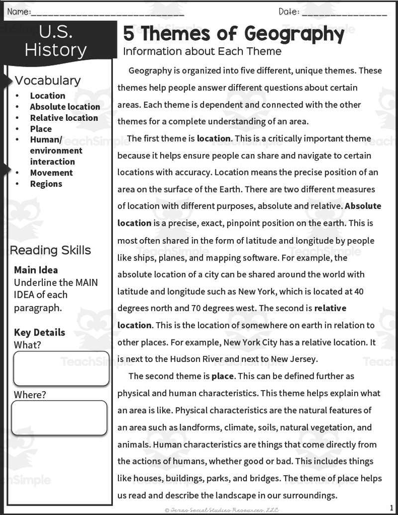 5 Themes Of Geography Reading Packet By Teach Simple