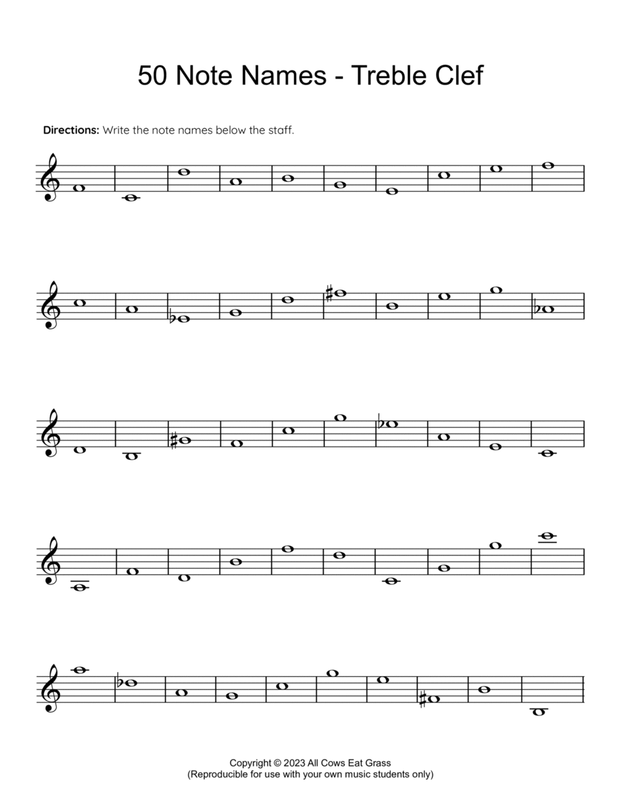 50 Note Names Treble Clef Reproducible Music Theory Worksheet Reproducible Packs Digital Sheet Music Sheet Music Plus