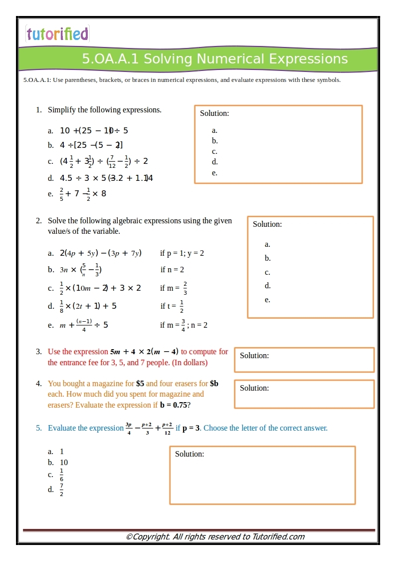 5th grade math worksheet