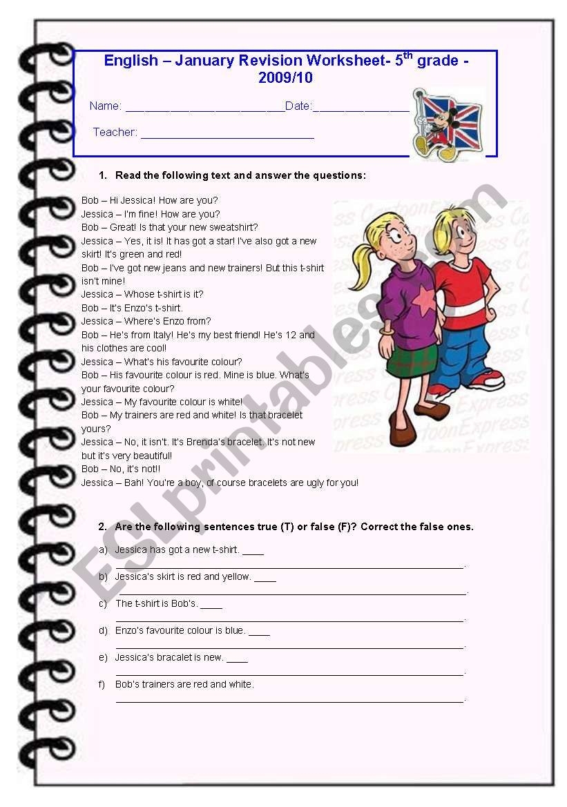5th Grade January Test ESL Worksheet By Diana Parracho