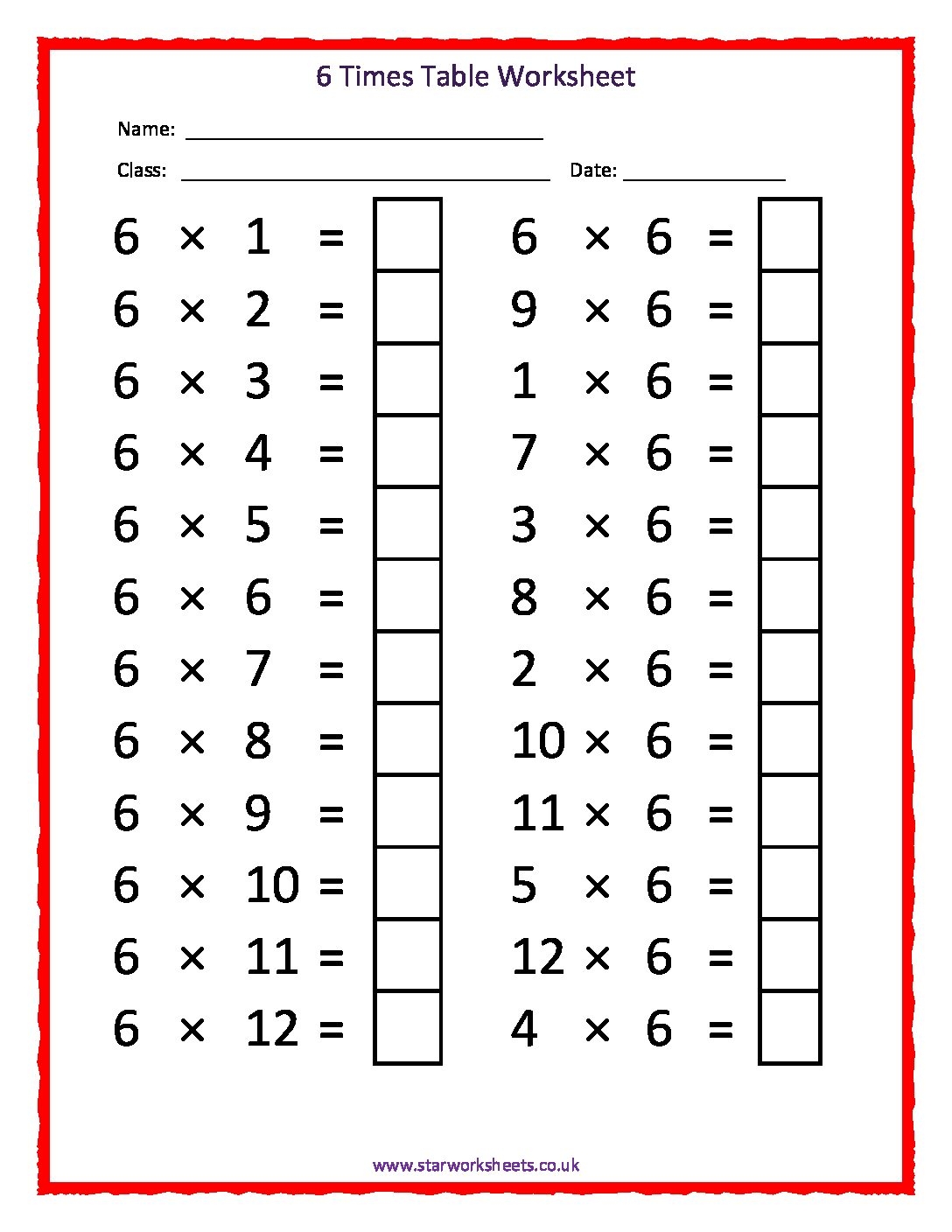 6 Times Tables Worksheet Star Worksheets