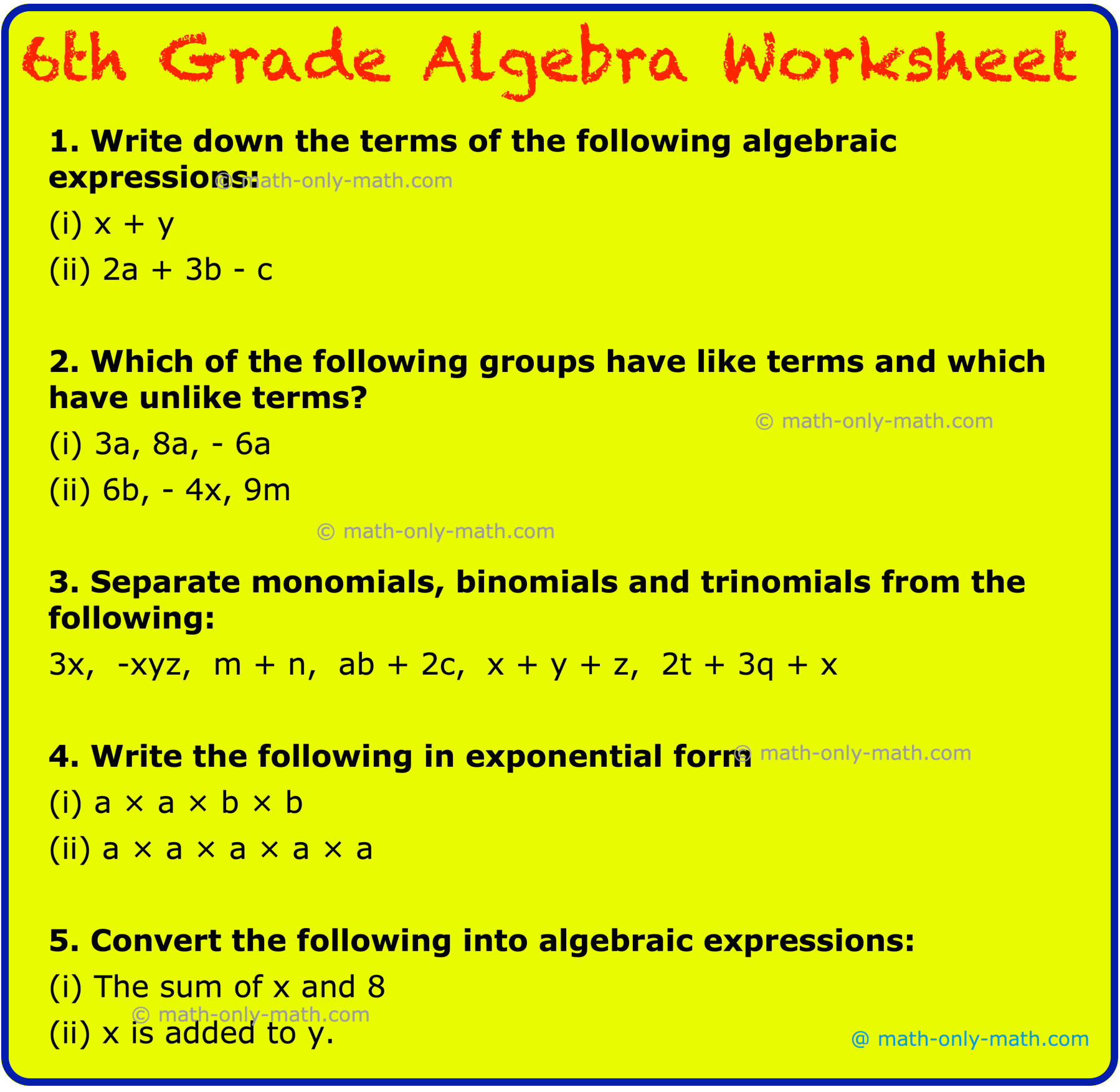 6th Grade Algebra Worksheet Pre Algebra Worksheets With Free Answers