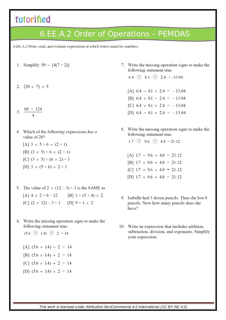 algebra worksheets for 6th graders