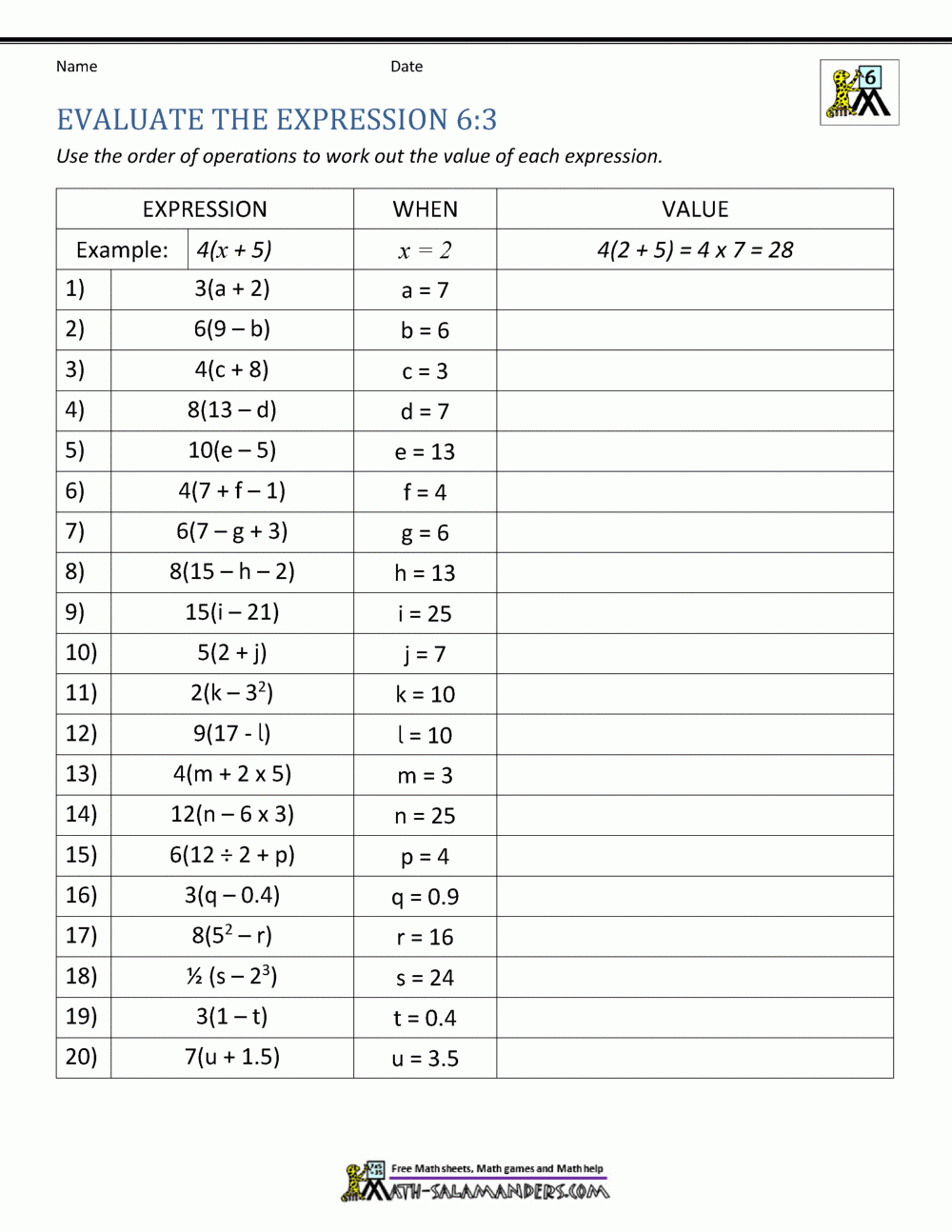 math properties worksheet
