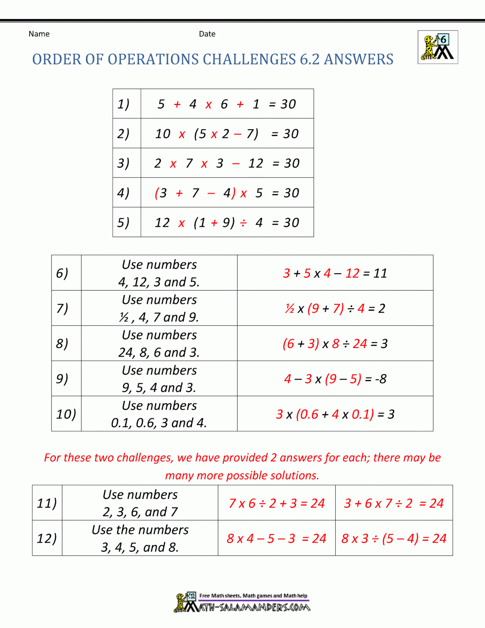 6th Grade Order Of Operations Worksheets