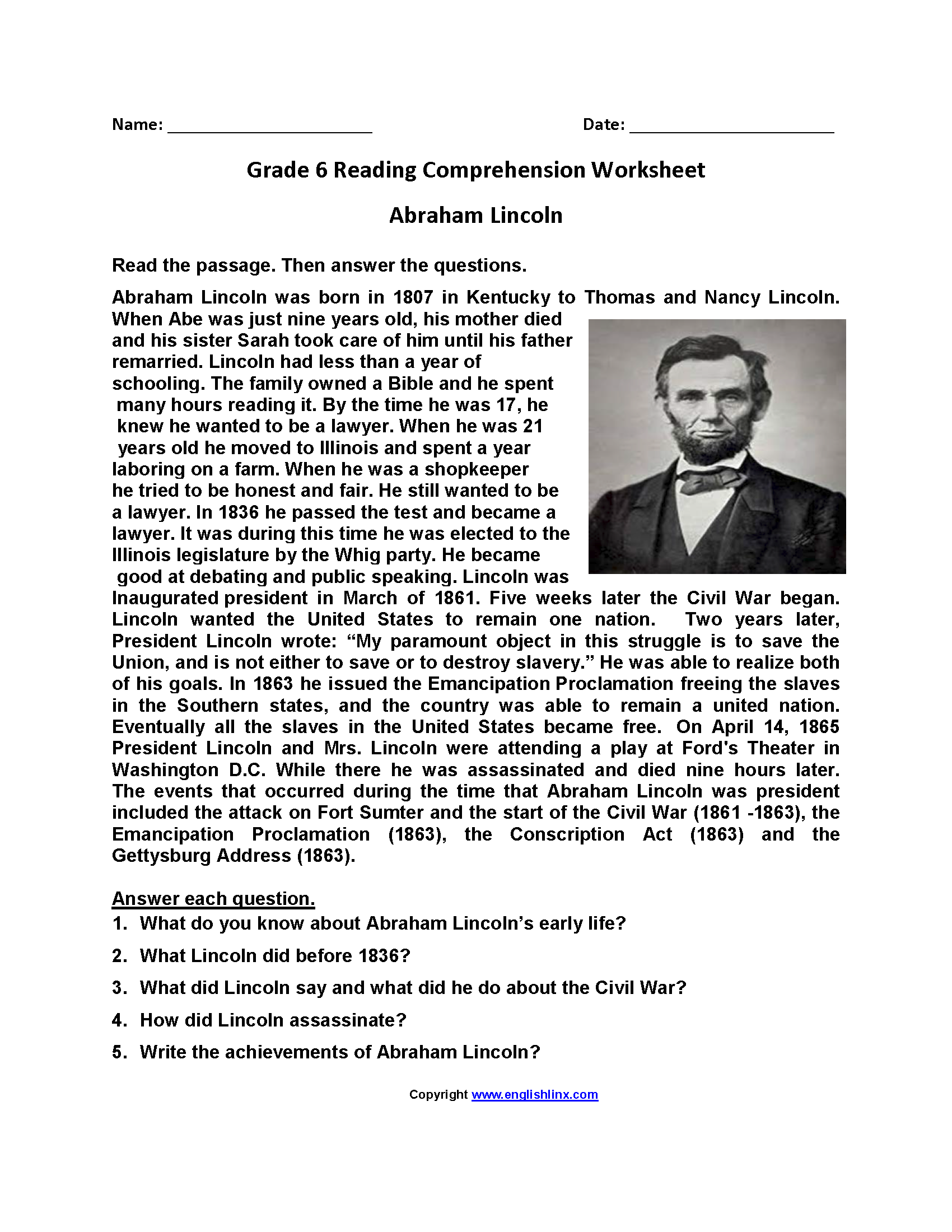reading comprehension worksheets with paragraphs for 6th grade