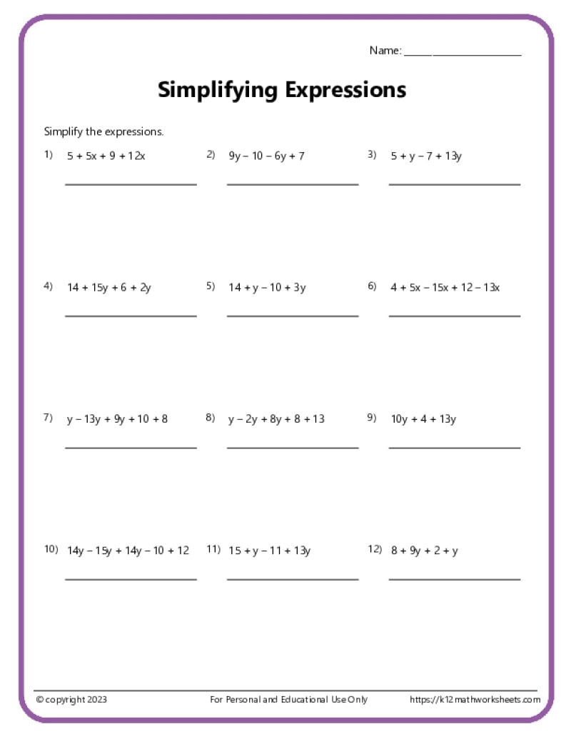 7th Grade Algebra Worksheets