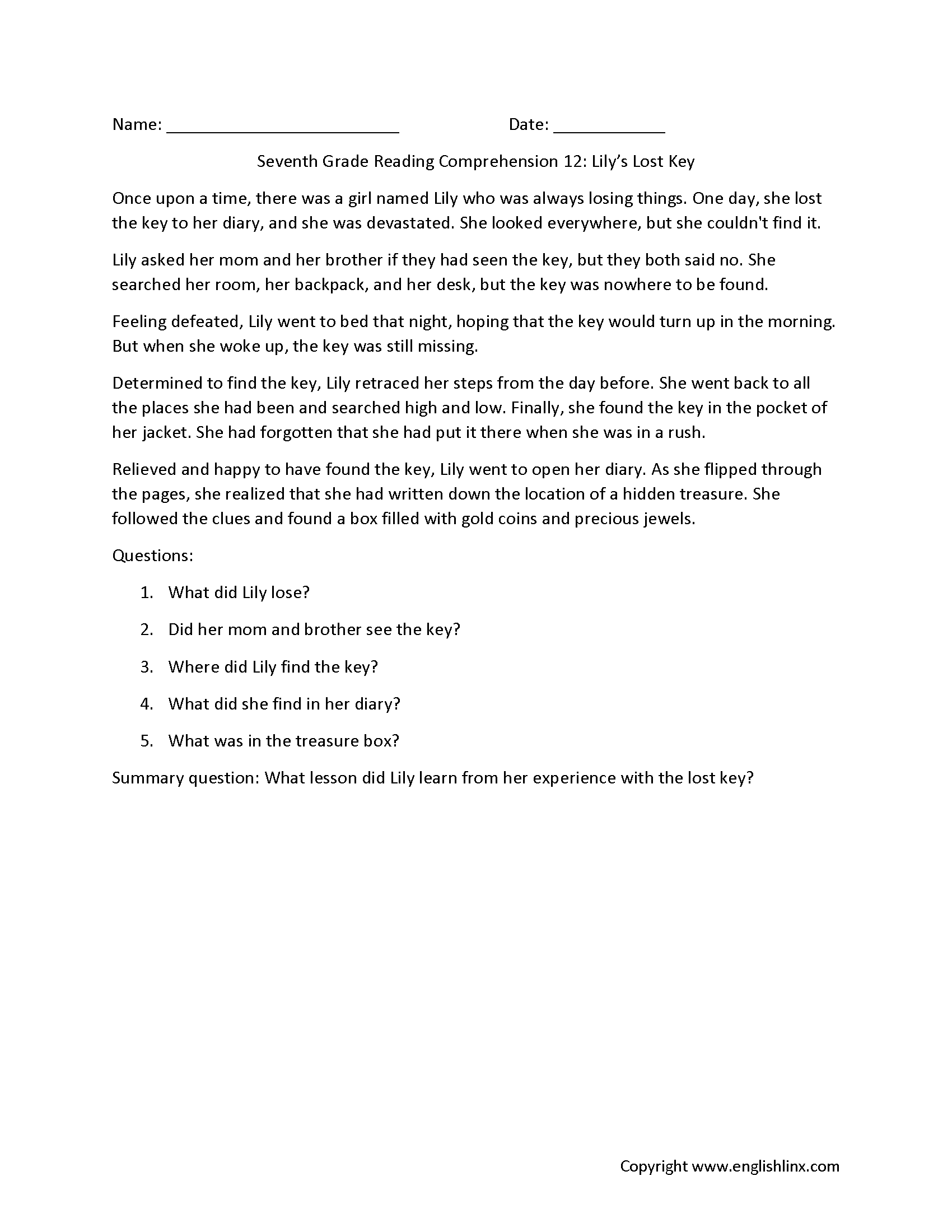7th Grade Reading Comprehension Worksheets Printable Passages Questions
